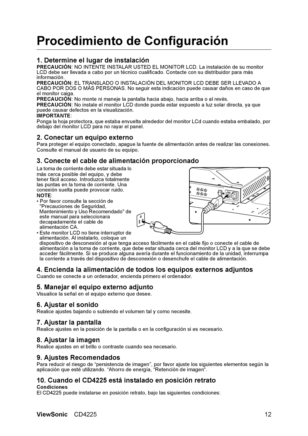 ViewSonic CD4225 manual Procedimiento de Configuración, Condiciones 