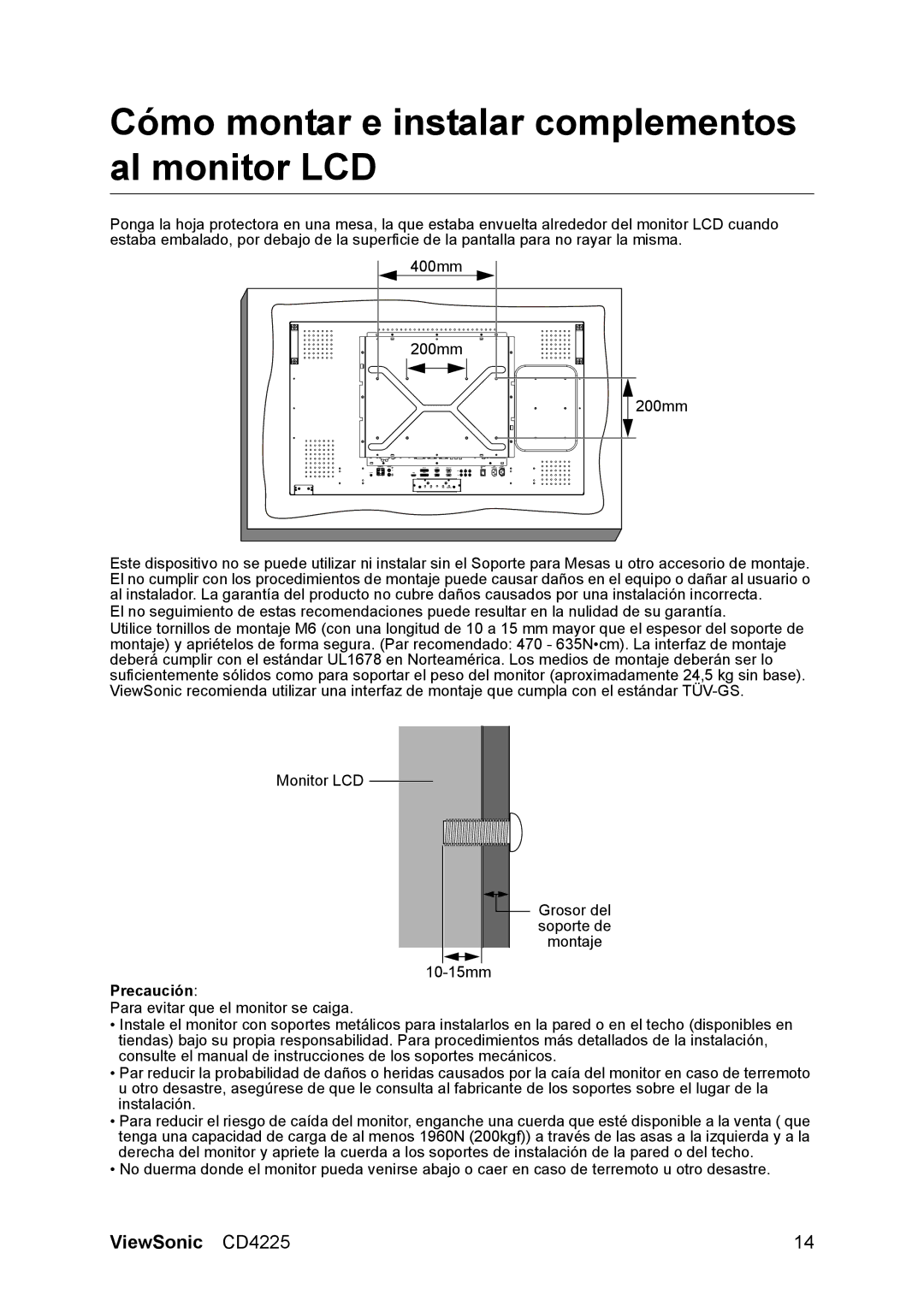 ViewSonic CD4225 manual Cómo montar e instalar complementos al monitor LCD 