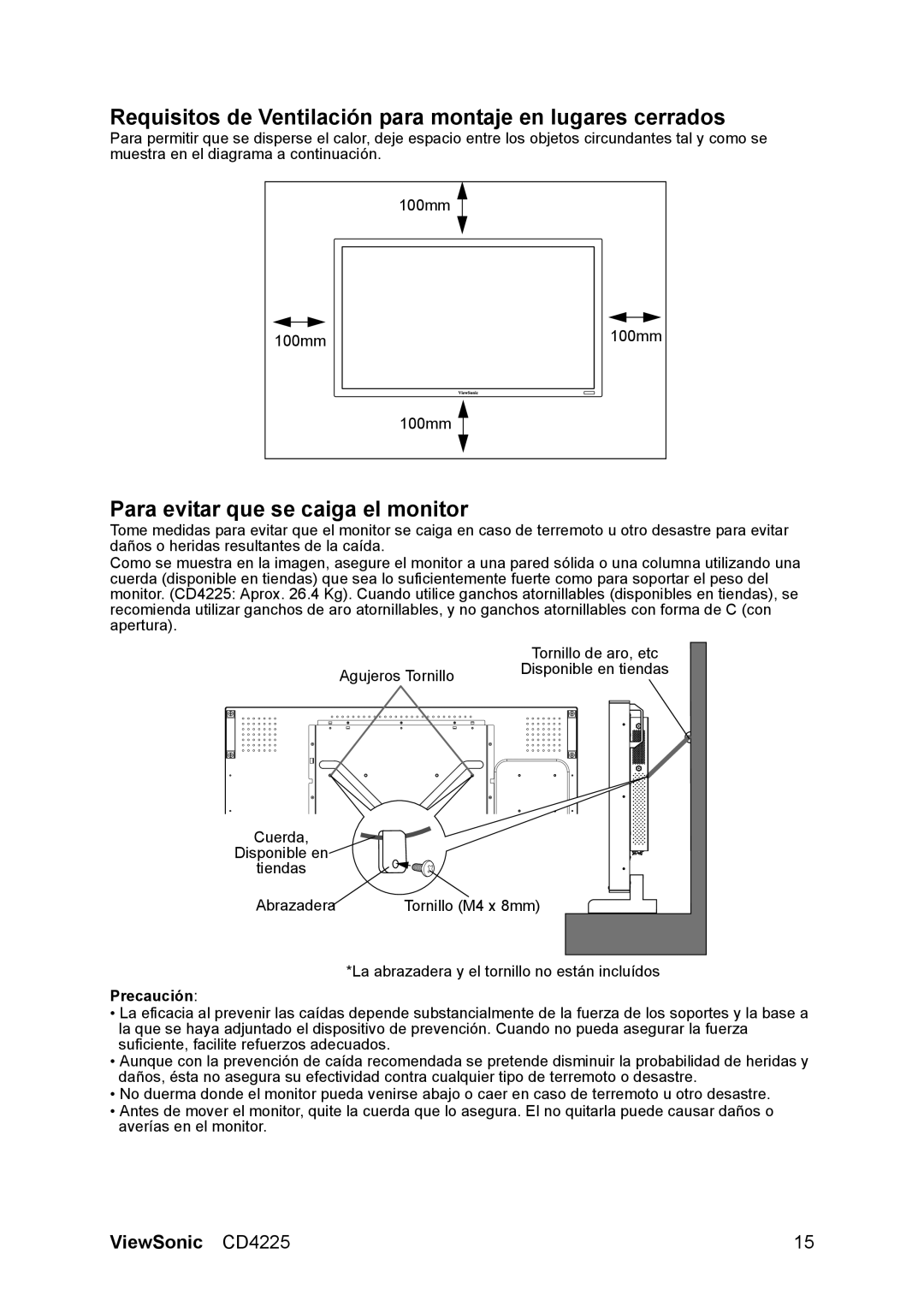 ViewSonic CD4225 manual Requisitos de Ventilación para montaje en lugares cerrados, Para evitar que se caiga el monitor 