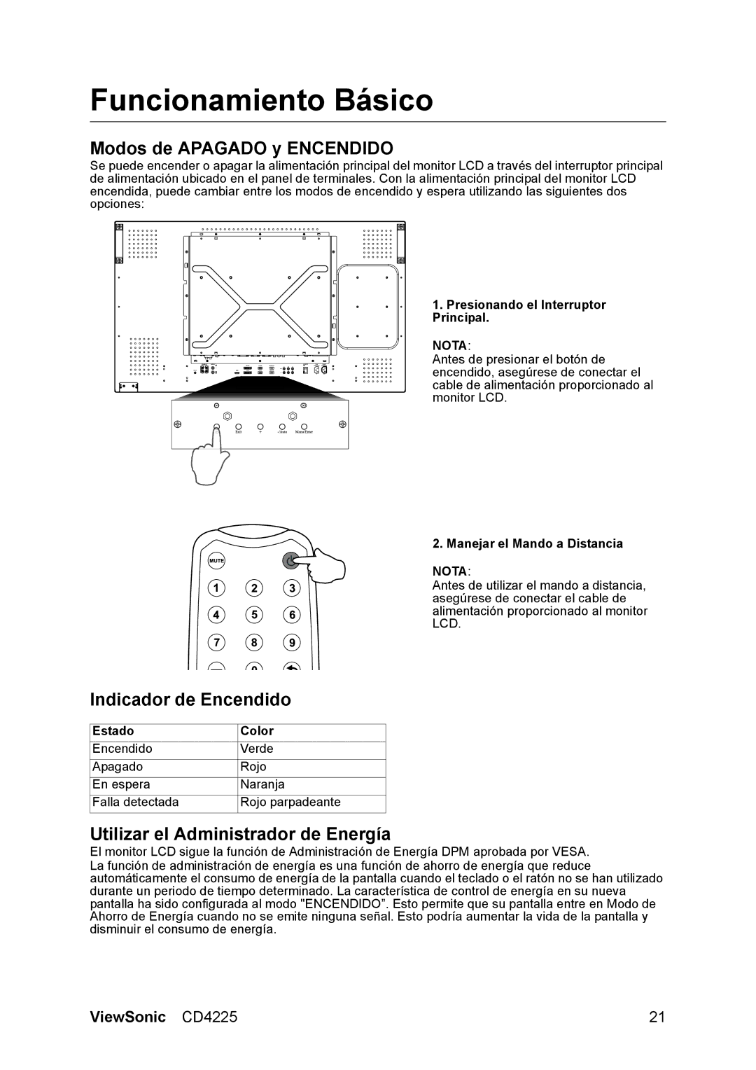 ViewSonic CD4225 manual Funcionamiento Básico, Modos de Apagado y Encendido, Indicador de Encendido 