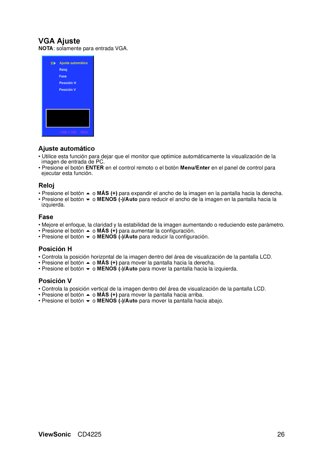 ViewSonic CD4225 manual VGA Ajuste 