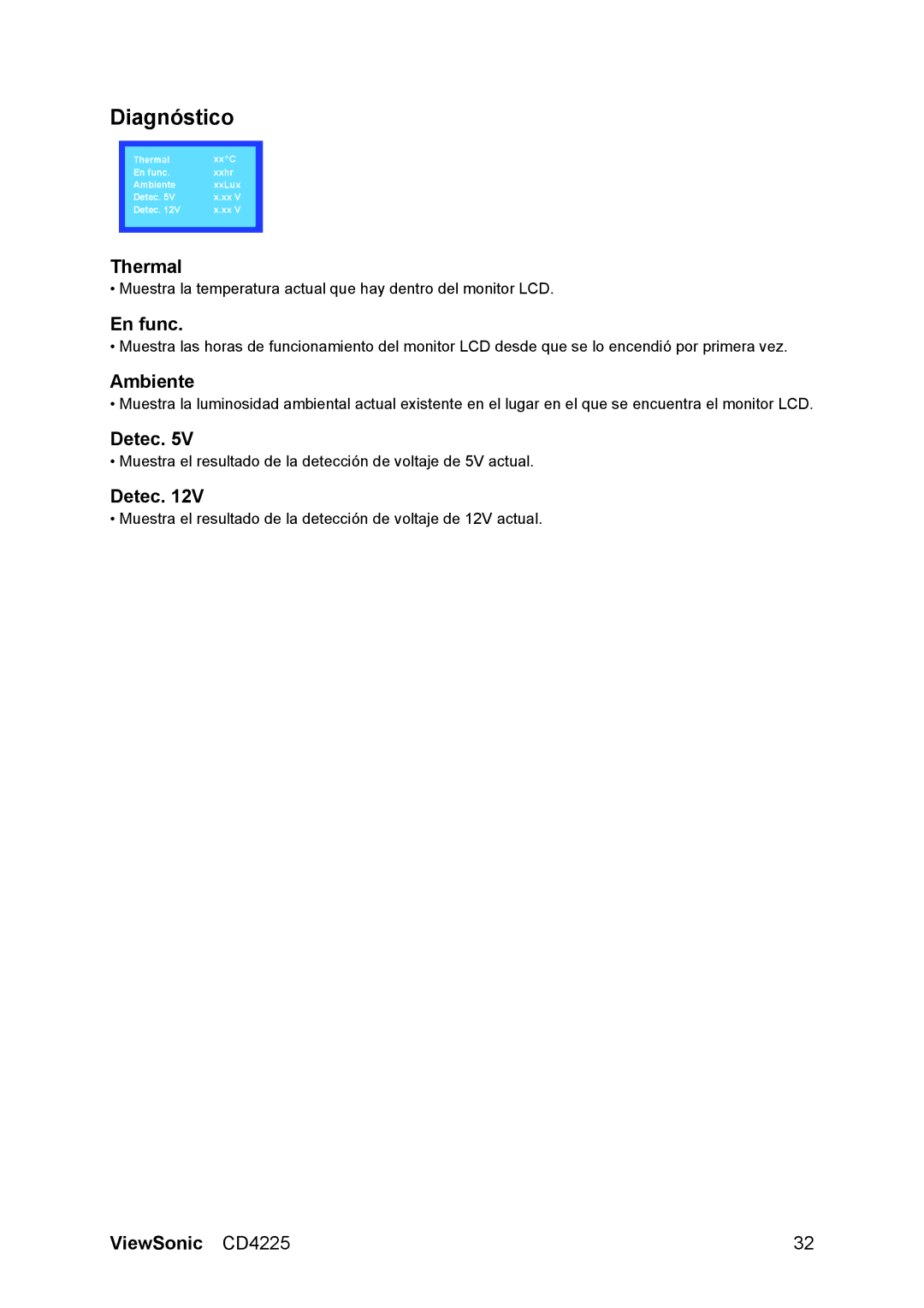 ViewSonic CD4225 manual Diagnóstico, Thermal, En func, Ambiente, Detec 