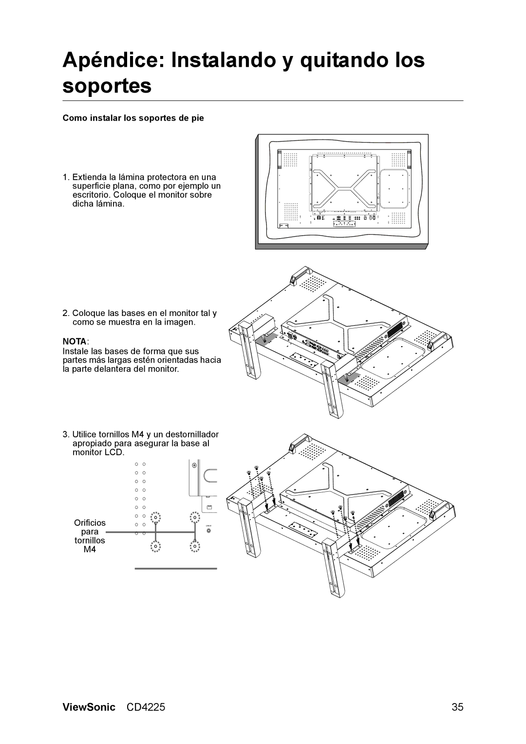 ViewSonic CD4225 manual Apéndice Instalando y quitando los soportes, Como instalar los soportes de pie 