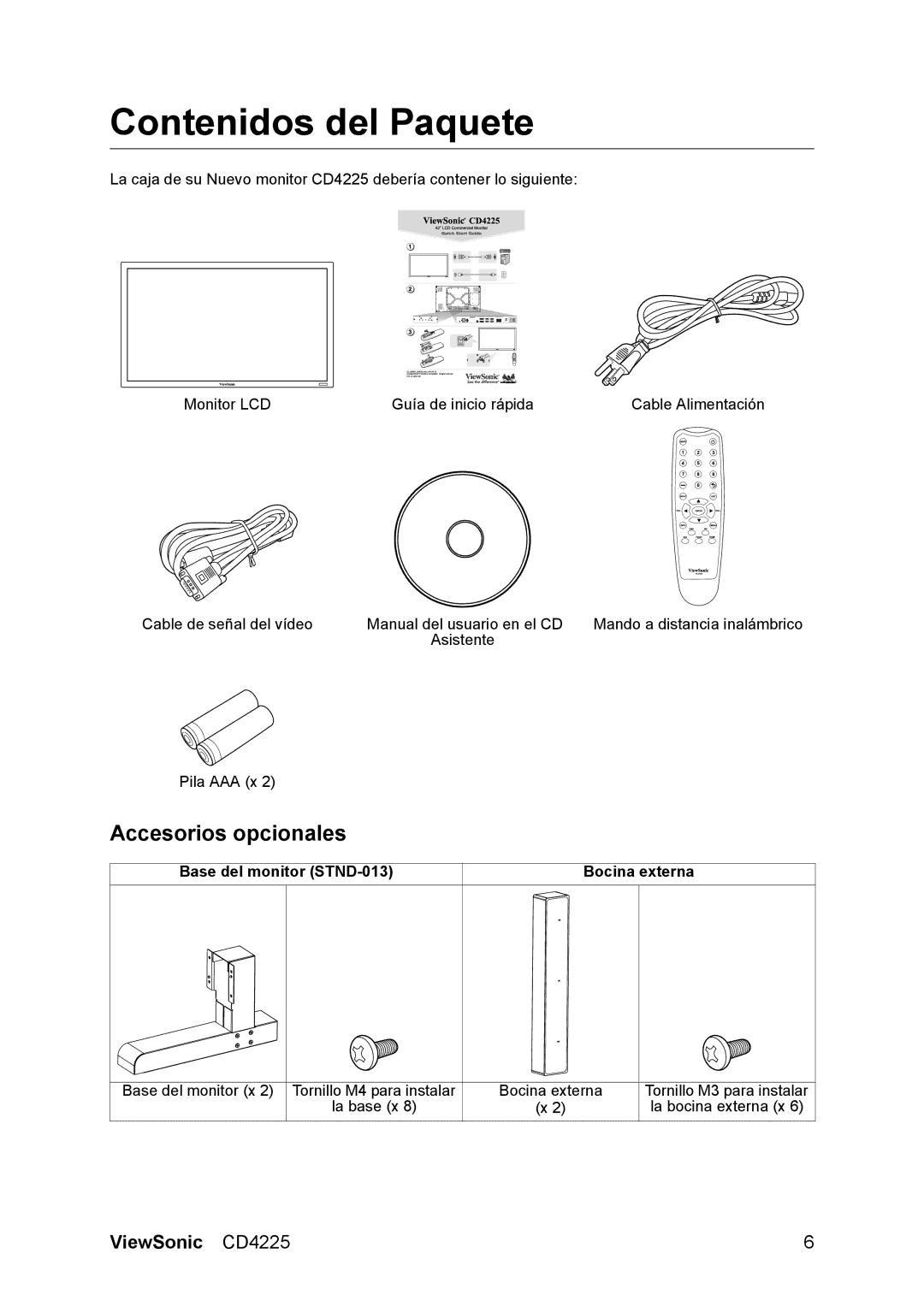 ViewSonic CD4225 manual Contenidos del Paquete, Accesorios opcionales, Base del monitor STND-013 Bocina externa 