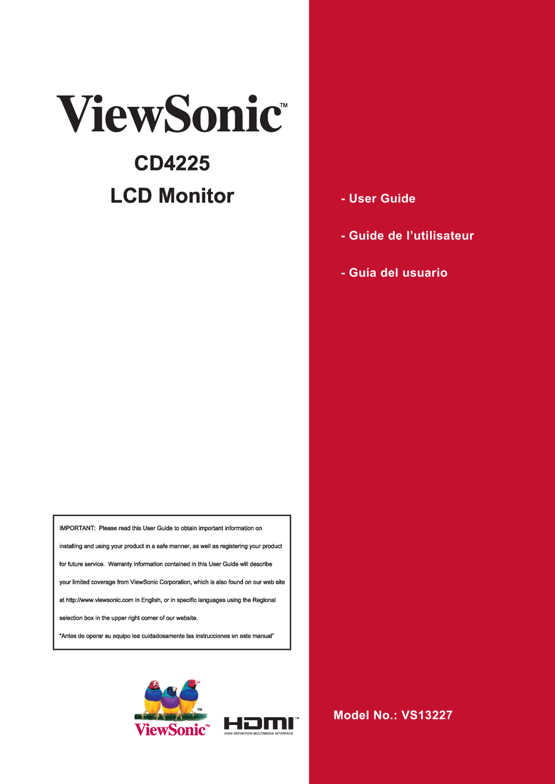 ViewSonic CD4225 manual  0RQLWRU, 8VHU*XLGH *XLGHGHO¶XWLOLVDWHXU *XtDGHOXVXDULR, 0RGHO1R96 