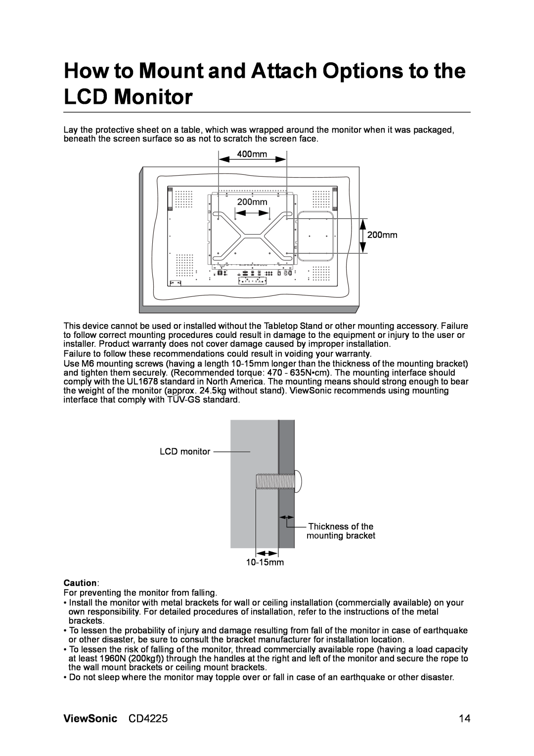 ViewSonic manual How to Mount and Attach Options to the LCD Monitor, ViewSonic CD4225 