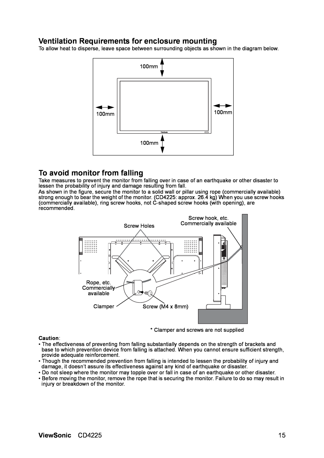 ViewSonic manual Ventilation Requirements for enclosure mounting, To avoid monitor from falling, ViewSonic CD4225 