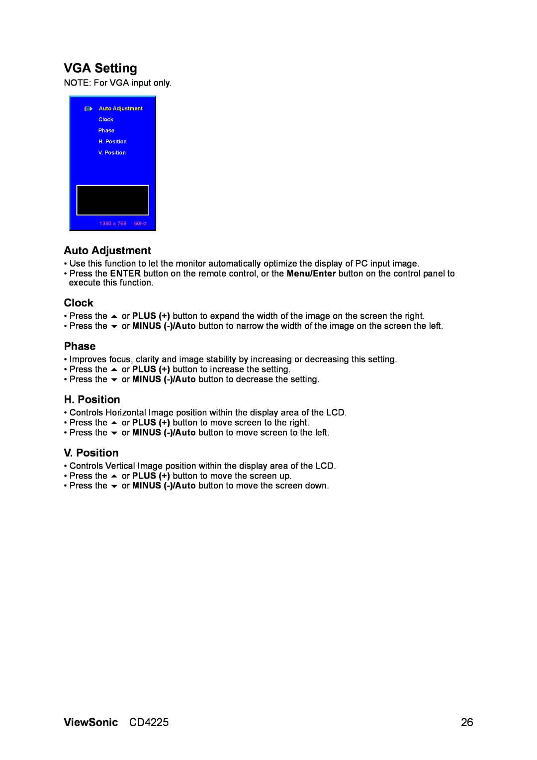 ViewSonic manual VGA Setting, Auto Adjustment, Clock, Phase, H. Position, V. Position, ViewSonic CD4225 