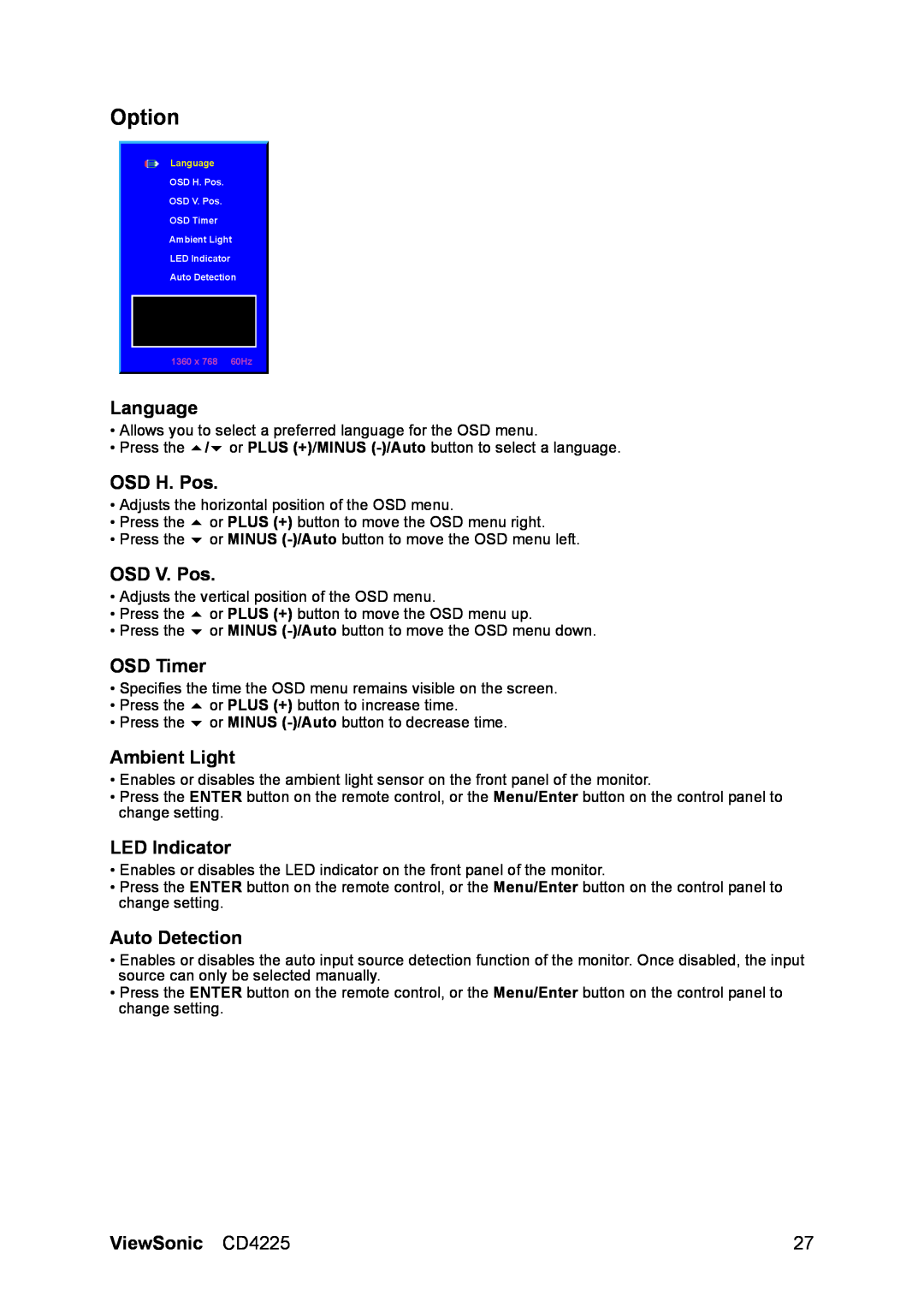 ViewSonic CD4225 manual Option, Language, OSD H. Pos, OSD V. Pos, OSD Timer, Ambient Light, LED Indicator, Auto Detection 