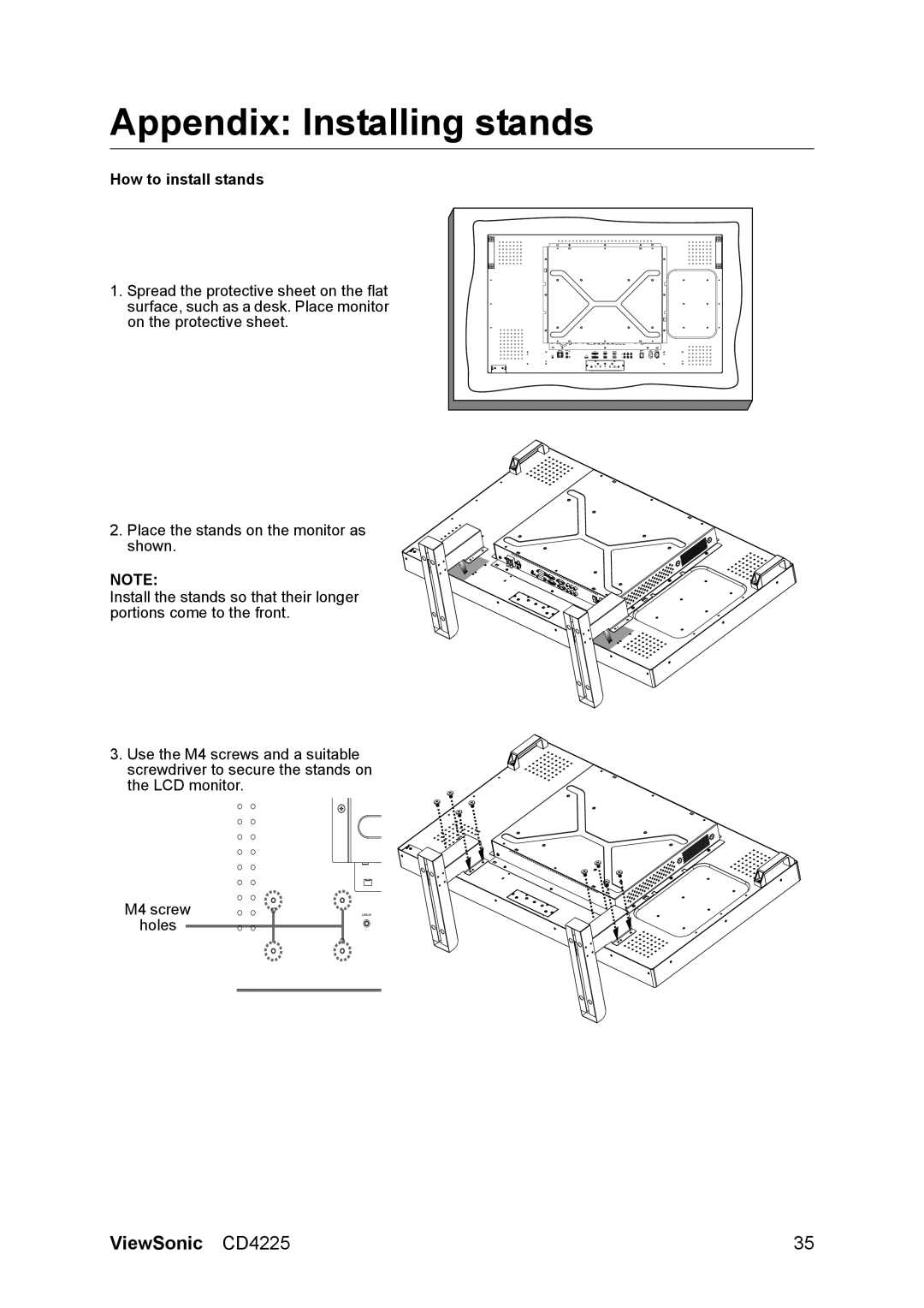 ViewSonic CD4225 manual Appendix Installing stands, How to install stands 