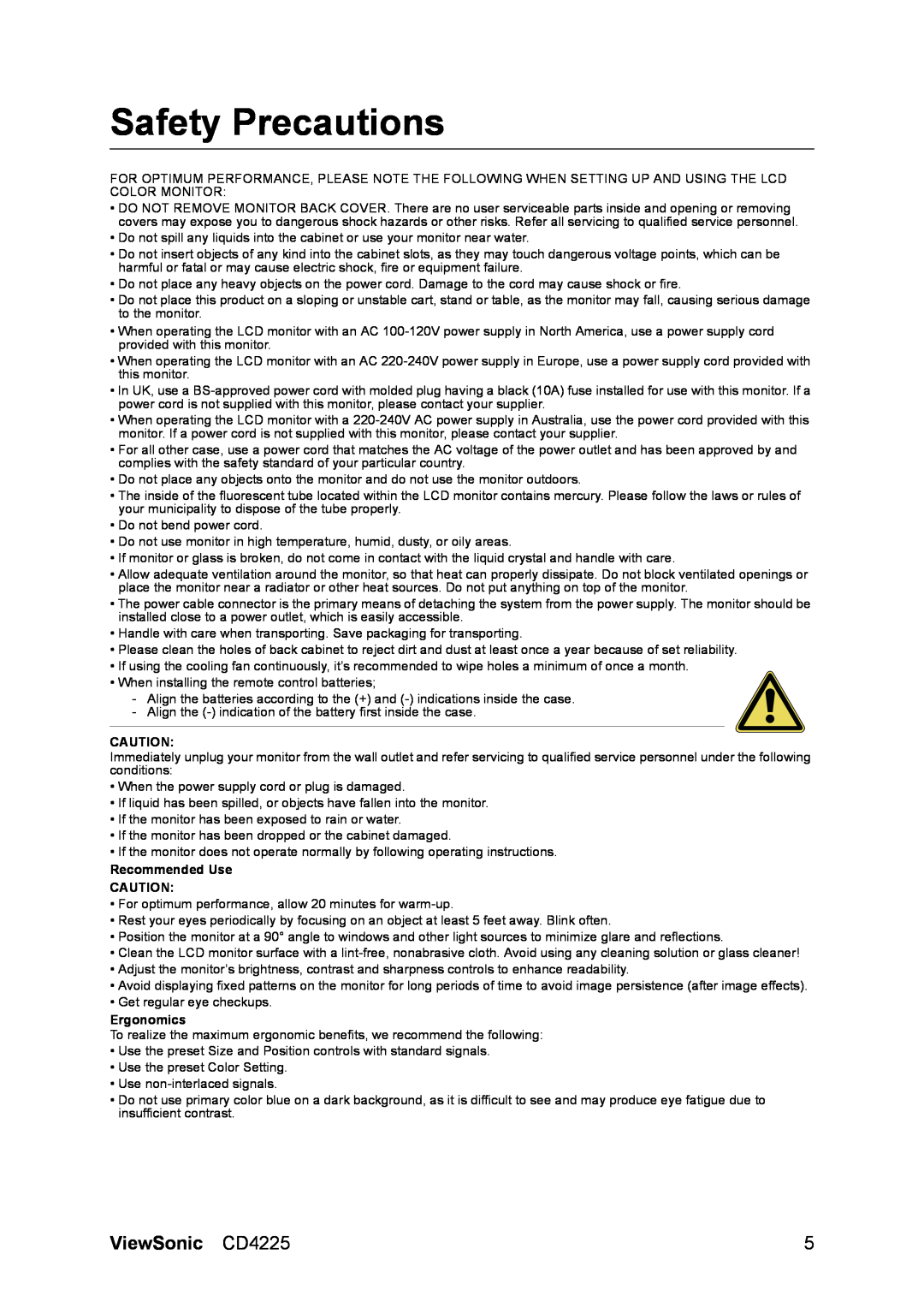 ViewSonic CD4225 manual Safety Precautions, Recommended Use, Ergonomics 