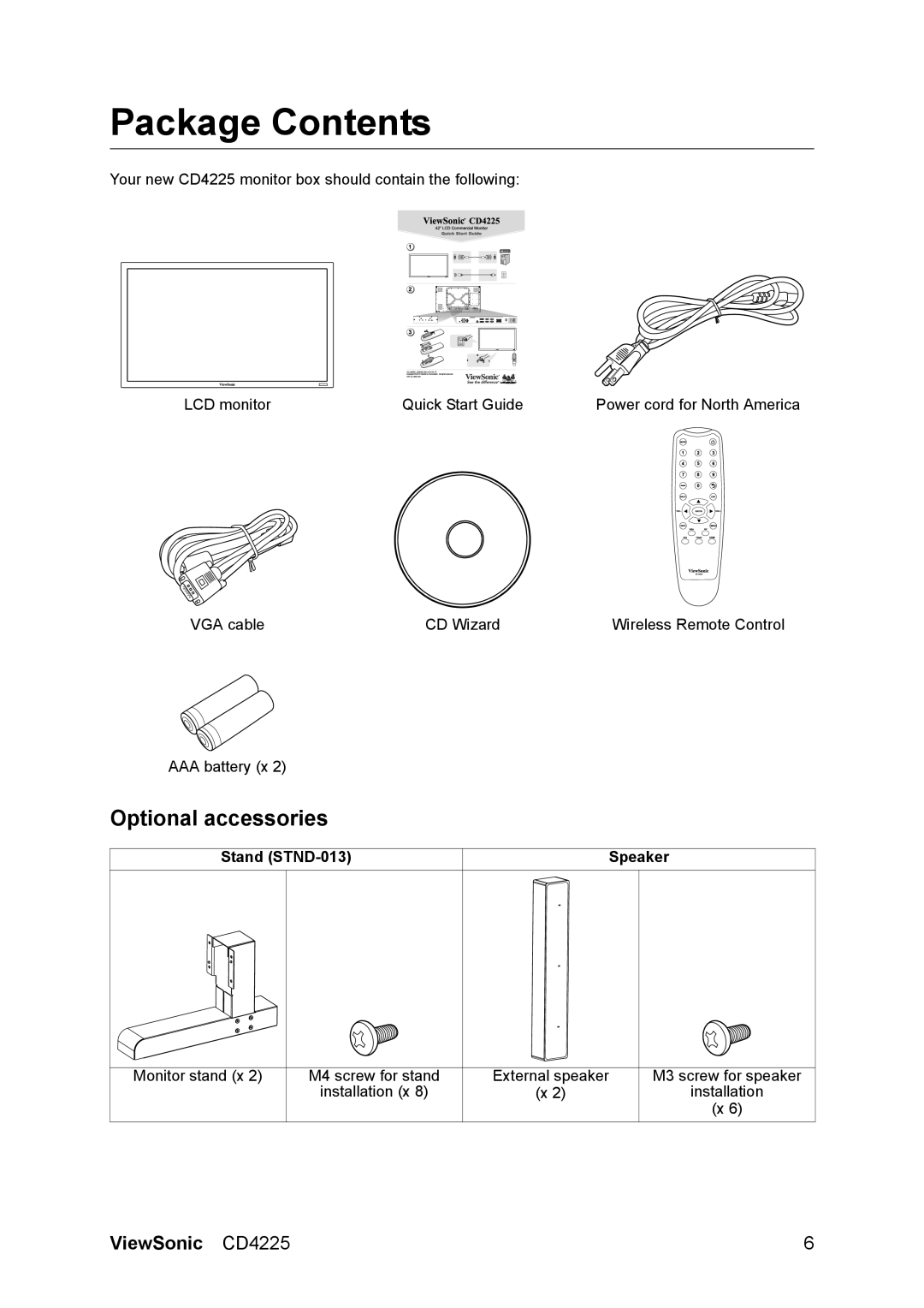 ViewSonic CD4225 manual Package Contents, Optional accessories 