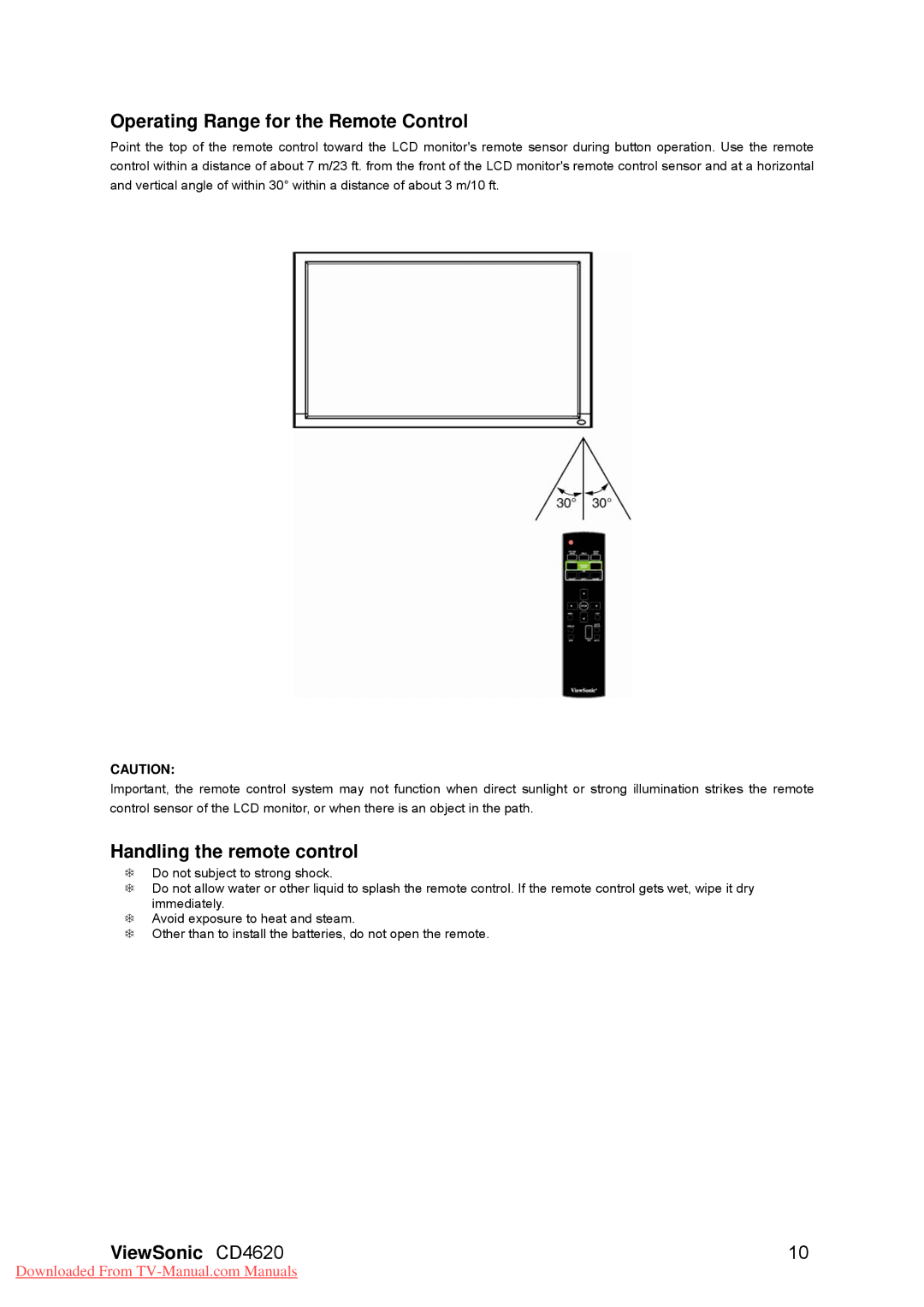 ViewSonic VS11915, CD4620 warranty Operating Range for the Remote Control, Handling the remote control 