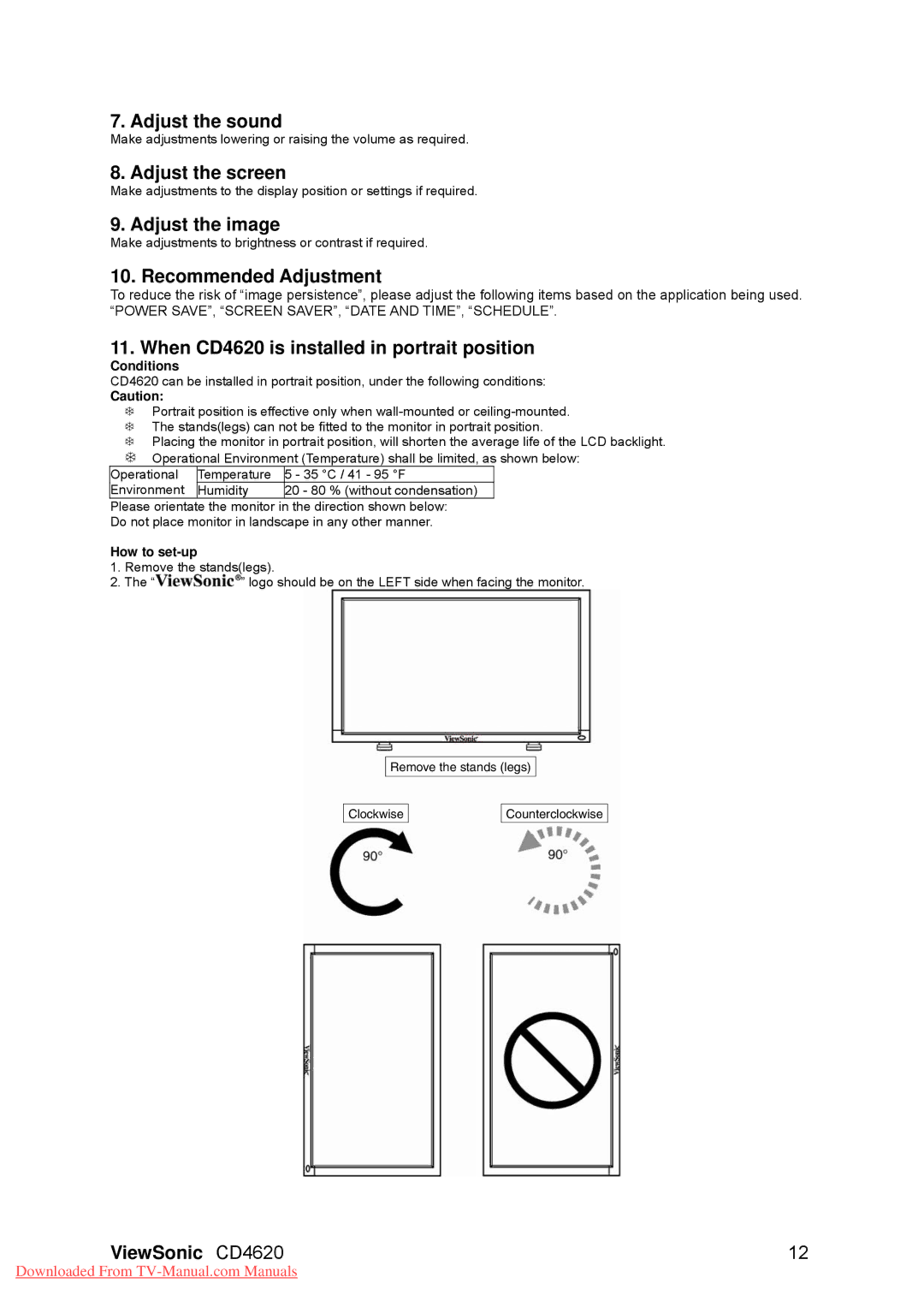 ViewSonic VS11915, CD4620 warranty Adjust the sound, Adjust the screen, Adjust the image, Recommended Adjustment 