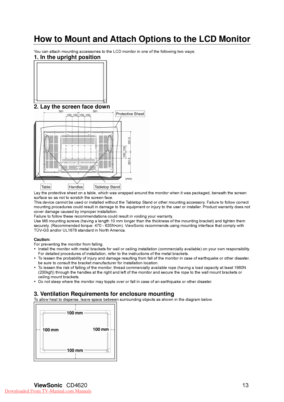 ViewSonic CD4620, VS11915 How to Mount and Attach Options to the LCD Monitor, Upright position Lay the screen face down 