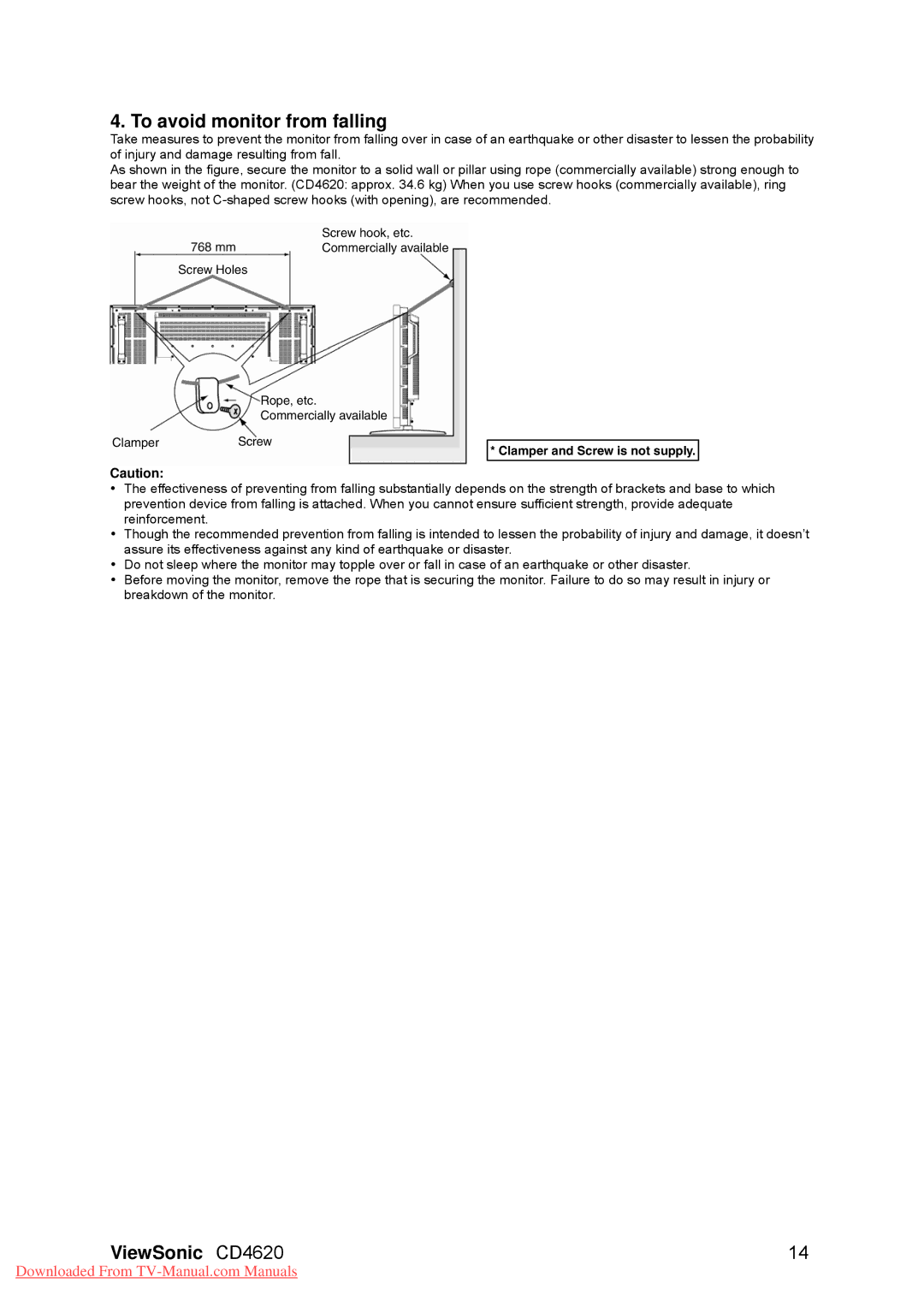 ViewSonic VS11915, CD4620 warranty To avoid monitor from falling, Clamper and Screw is not supply 