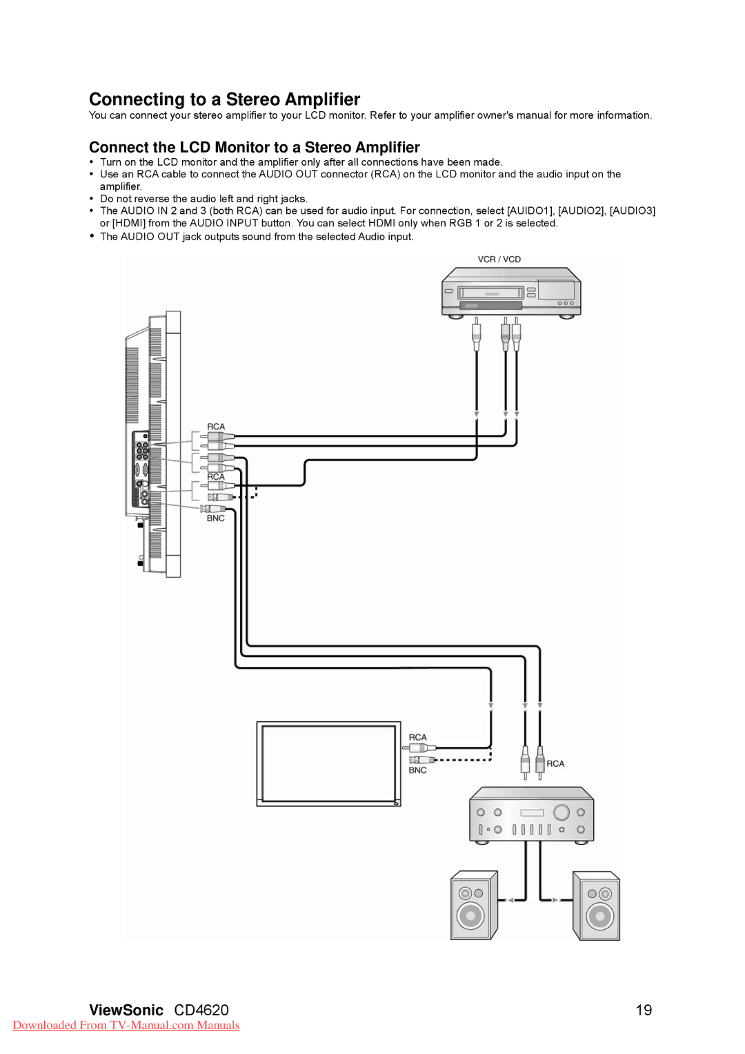 ViewSonic CD4620, VS11915 warranty Connecting to a Stereo Amplifier, Connect the LCD Monitor to a Stereo Amplifier 