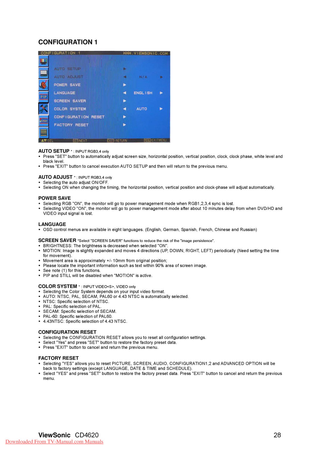 ViewSonic VS11915, CD4620 warranty Power Save, Language, Configuration Reset, Factory Reset 