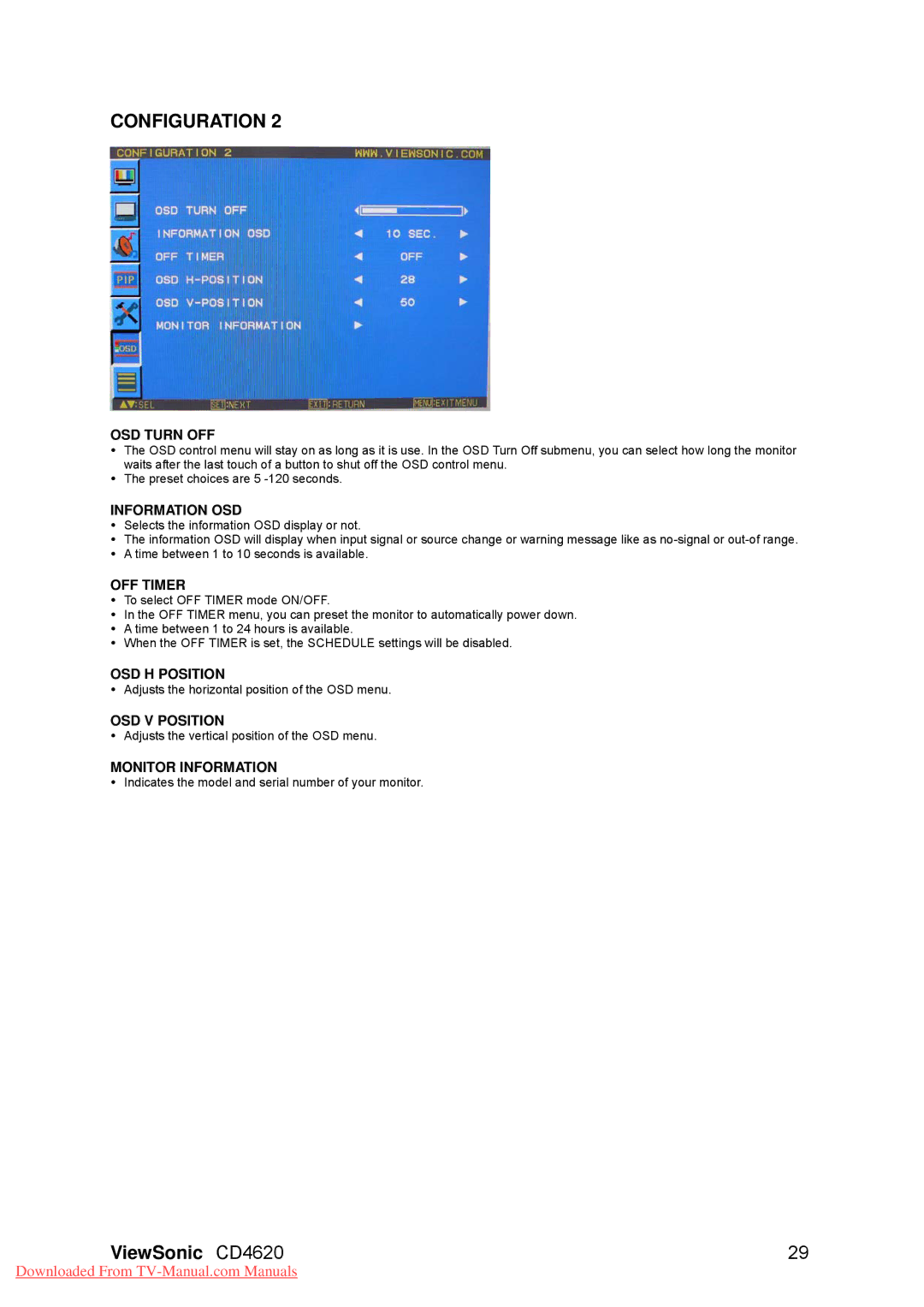 ViewSonic CD4620, VS11915 OSD Turn OFF, Information OSD, OFF Timer, OSD H Position, OSD V Position, Monitor Information 