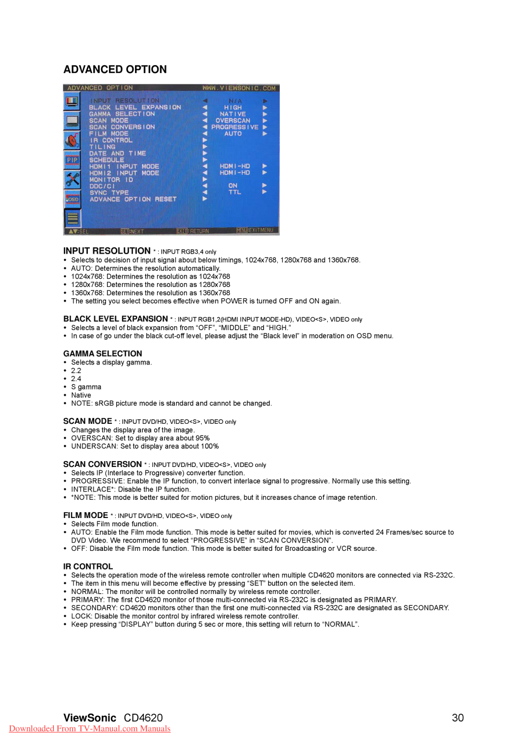 ViewSonic VS11915, CD4620 warranty Advanced Option, Gamma Selection, IR Control 