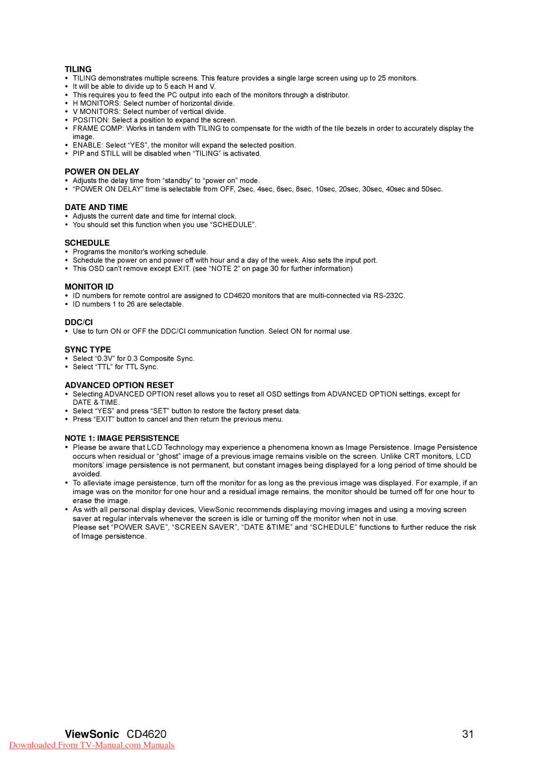 ViewSonic CD4620 Tiling, Power on Delay, Date and Time, Schedule, Monitor ID, Ddc/Ci, Sync Type, Advanced Option Reset 