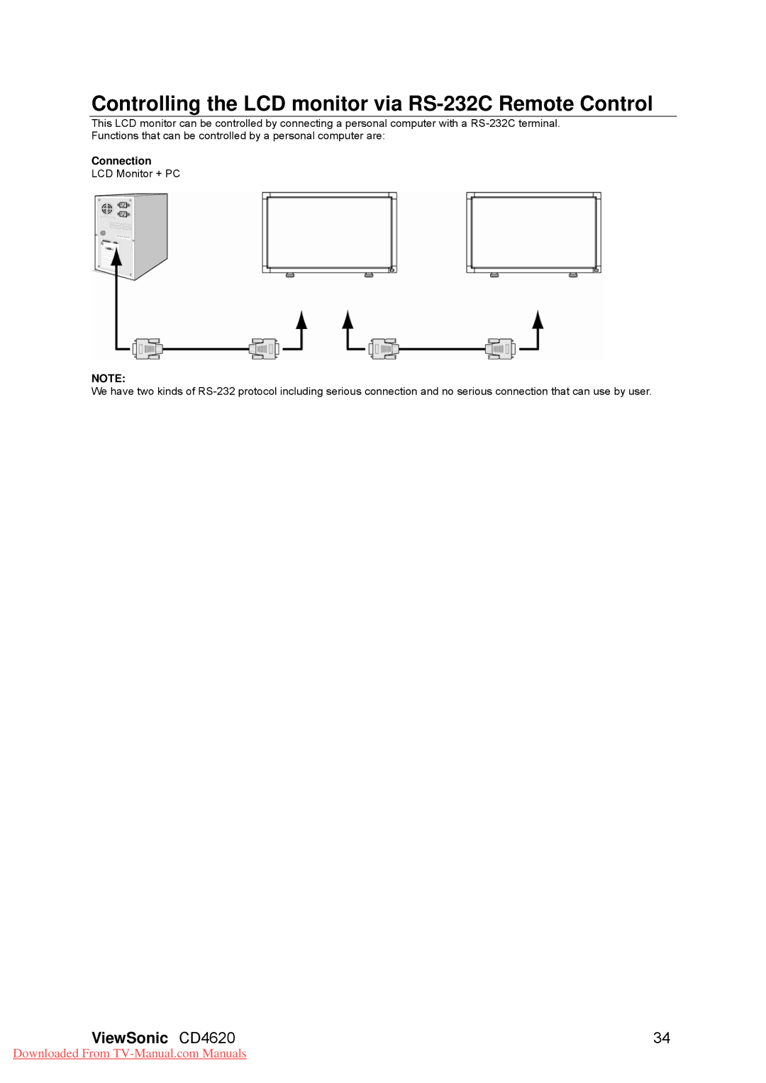 ViewSonic VS11915, CD4620 warranty Controlling the LCD monitor via RS-232C Remote Control, Connection 