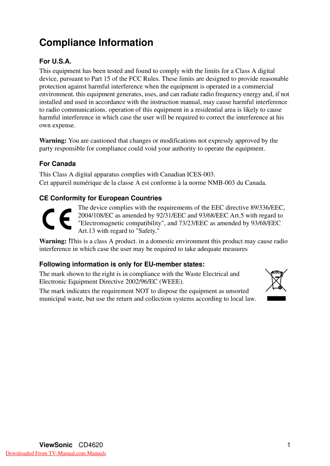 ViewSonic CD4620, VS11915 warranty Compliance Information, For U.S.A For Canada, CE Conformity for European Countries 