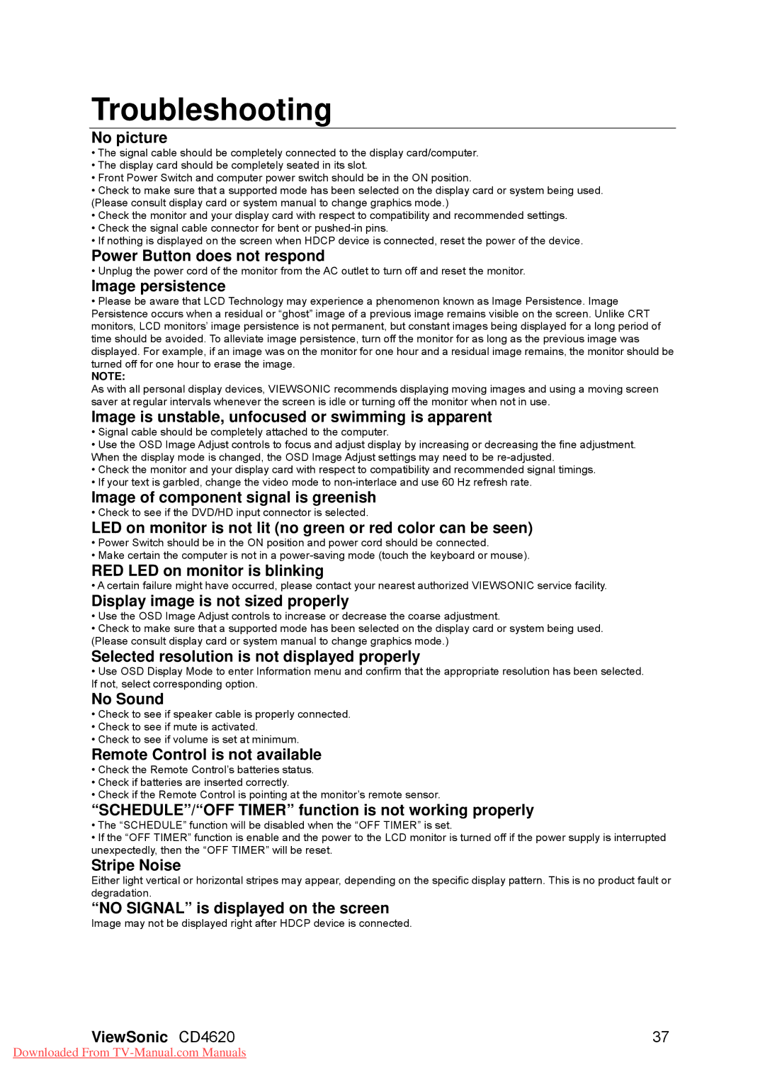 ViewSonic CD4620, VS11915 warranty Troubleshooting 