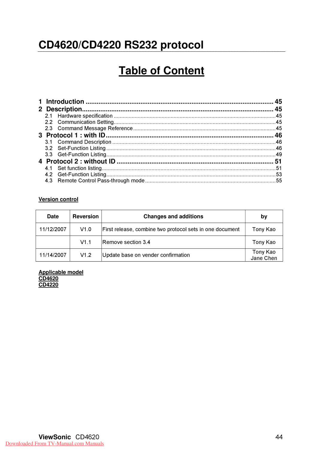 ViewSonic VS11915 Introduction Description, Protocol 1 with ID, Protocol 2 without ID, Applicable model CD4620 CD4220 