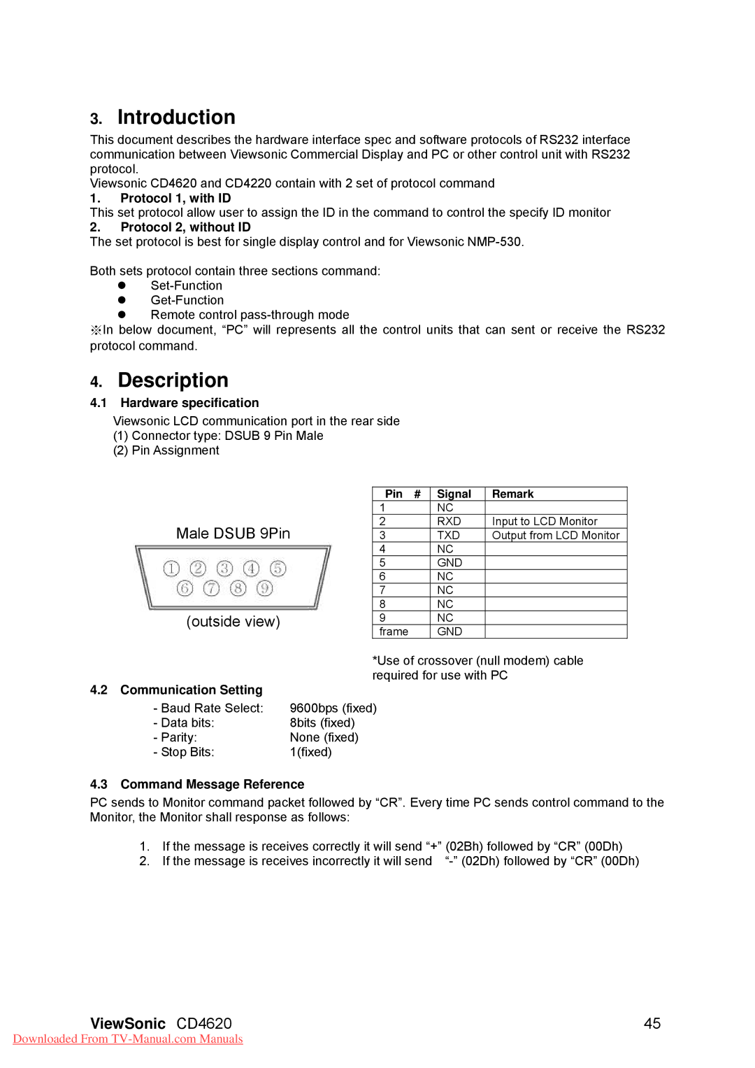 ViewSonic CD4620, VS11915 Protocol 1, with ID, Protocol 2, without ID, Hardware specification, Communication Setting 