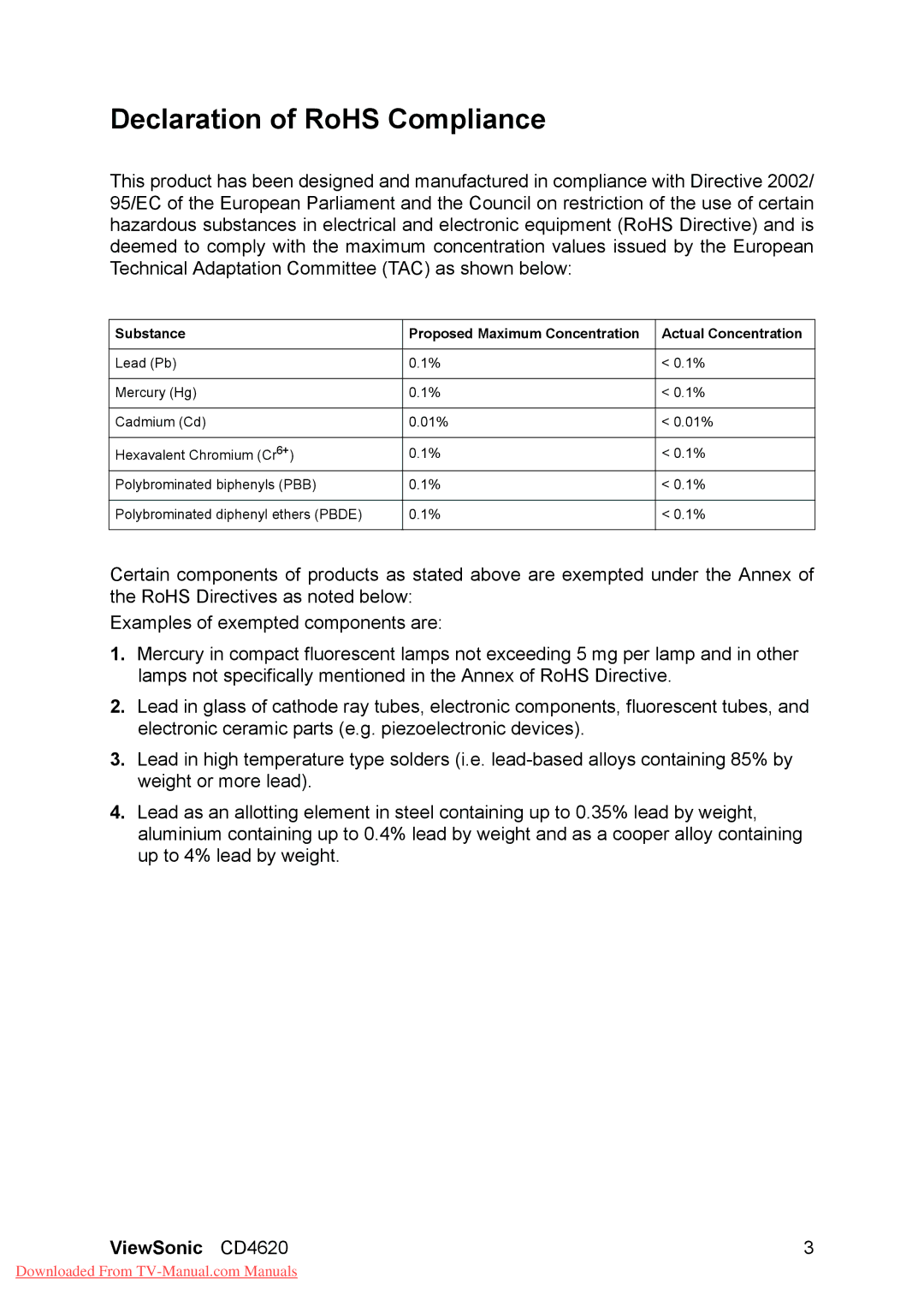 ViewSonic CD4620, VS11915 warranty Declaration of RoHS Compliance 