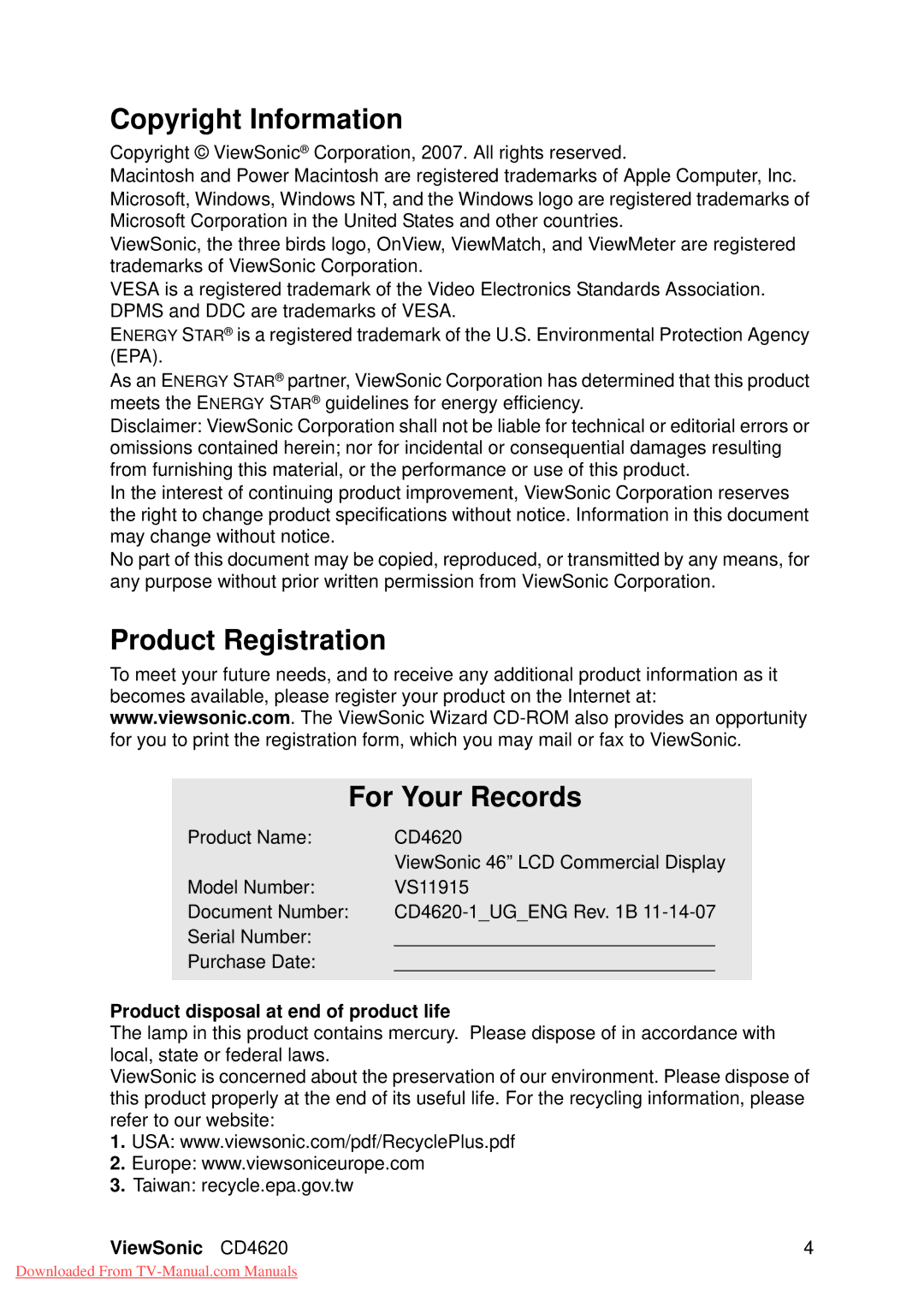 ViewSonic VS11915 Copyright Information, Product Registration For Your Records, Product disposal at end of product life 