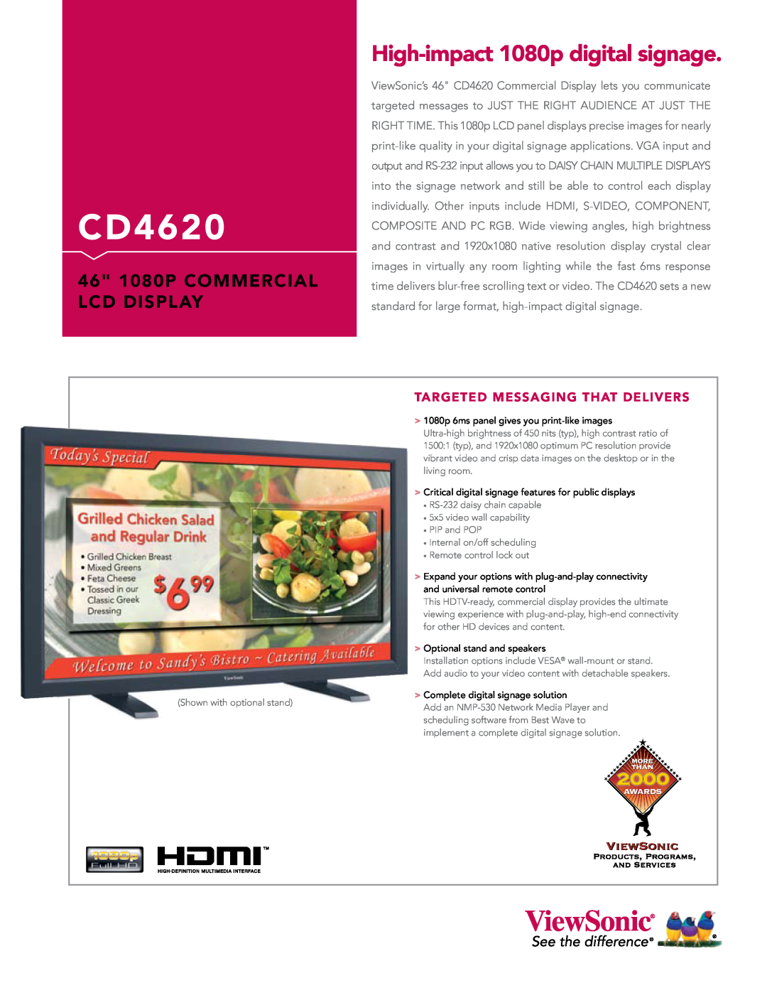 ViewSonic CD4620 manual High-impact 1080p digital signage, 46 1080P COMMERCIAL LCD DISPLAY 