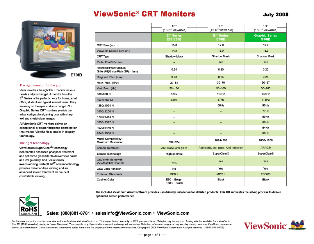 ViewSonic warranty ViewSonic CRT Monitors, July, E70fB, 13.8” viewable, 16.0” viewable, E50/E50B, G90fB, page 1 of 