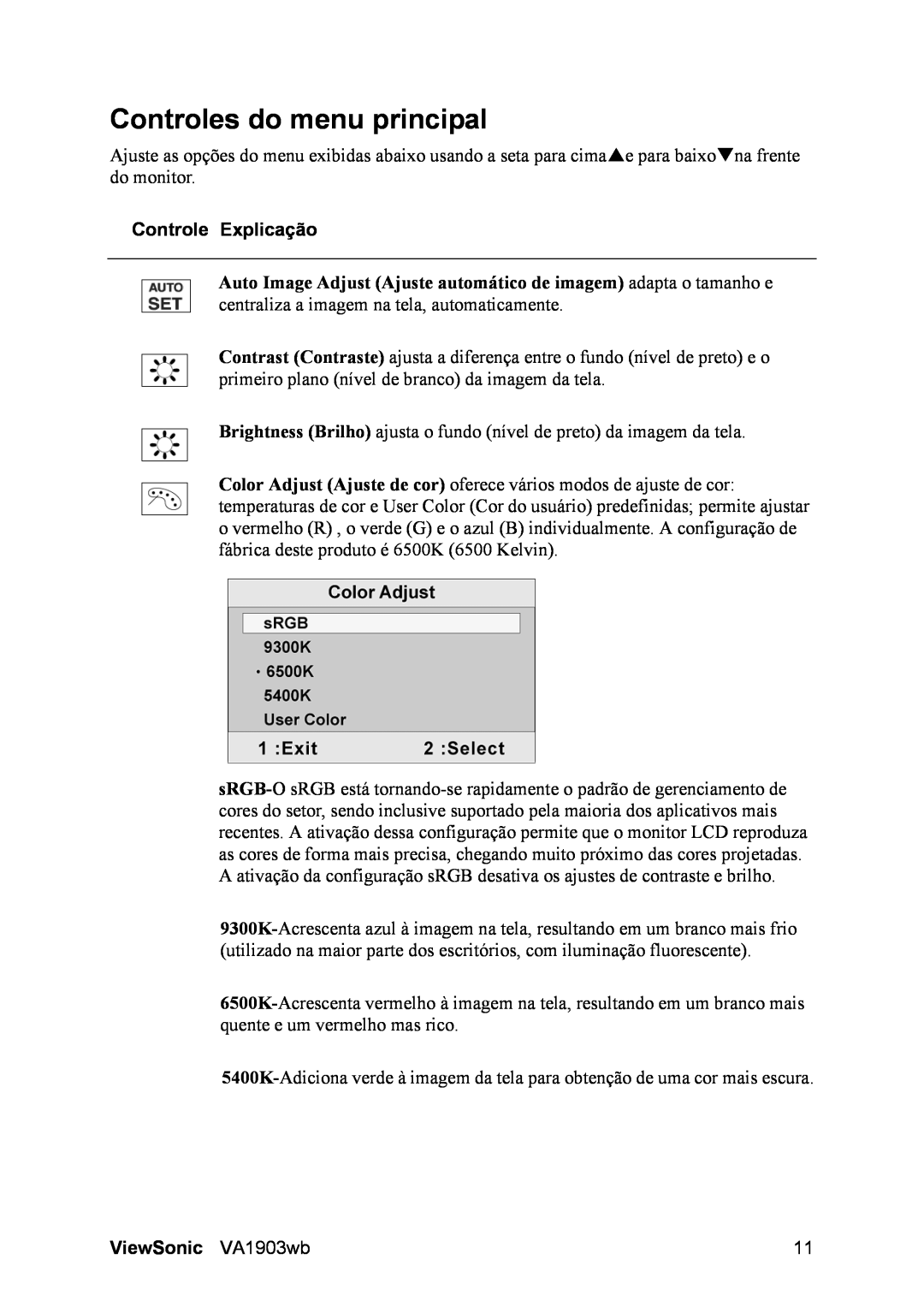 ViewSonic D Display manual Controles do menu principal, Controle Explicação, ViewSonic VA1903wb 