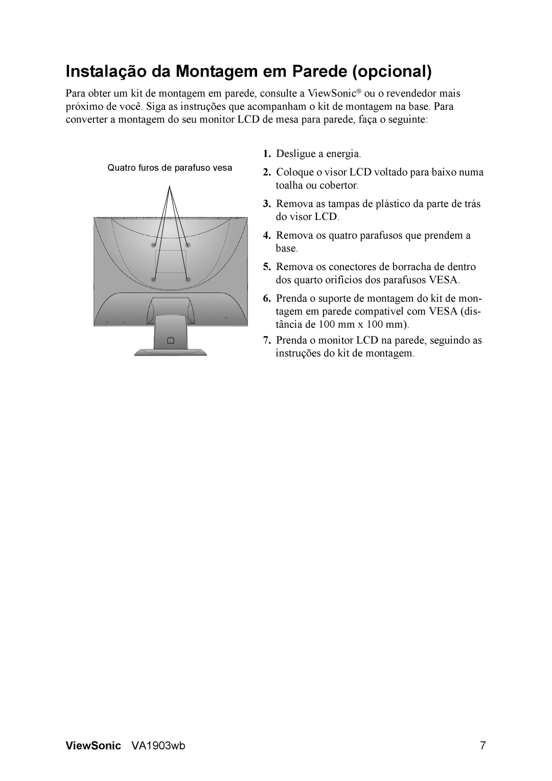 ViewSonic D Display manual Instalação da Montagem em Parede opcional 