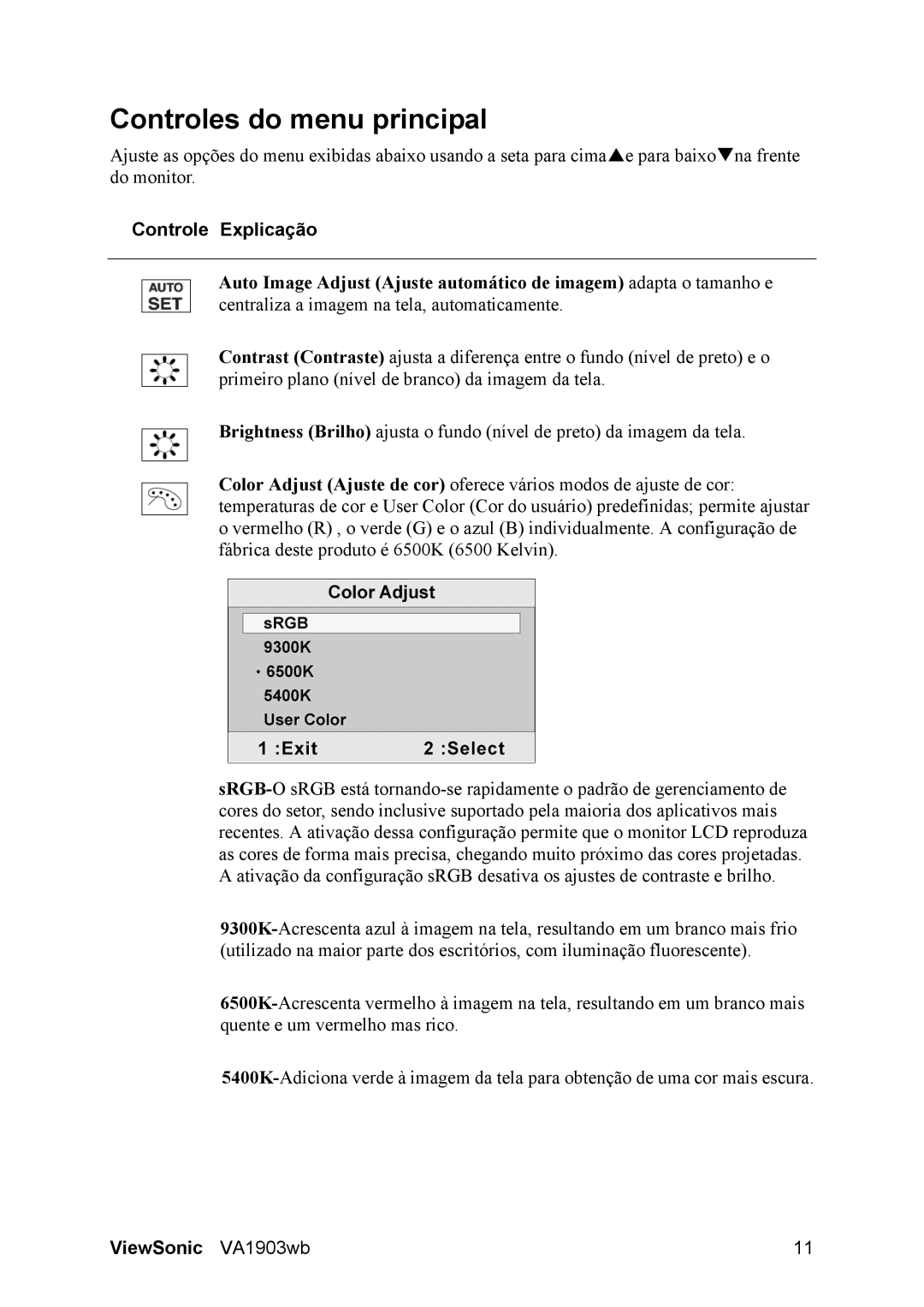 ViewSonic D Display manual Controles do menu principal, Controle Explicação 