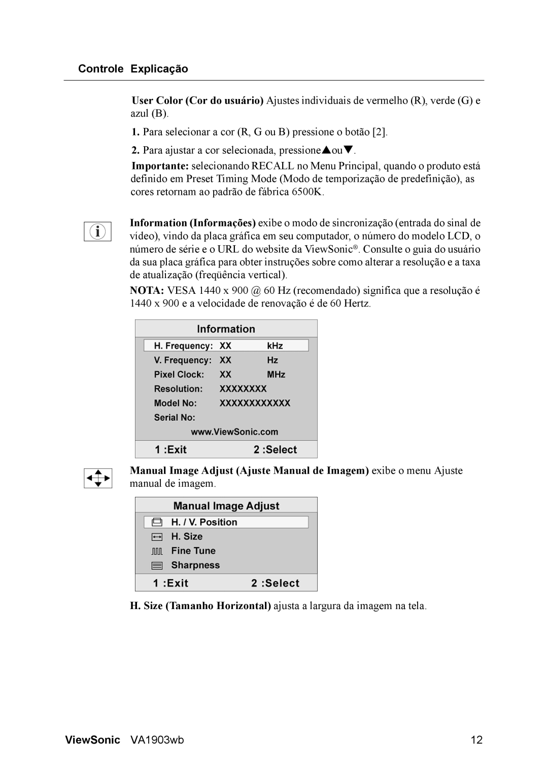 ViewSonic D Display manual Size Tamanho Horizontal ajusta a largura da imagem na tela 