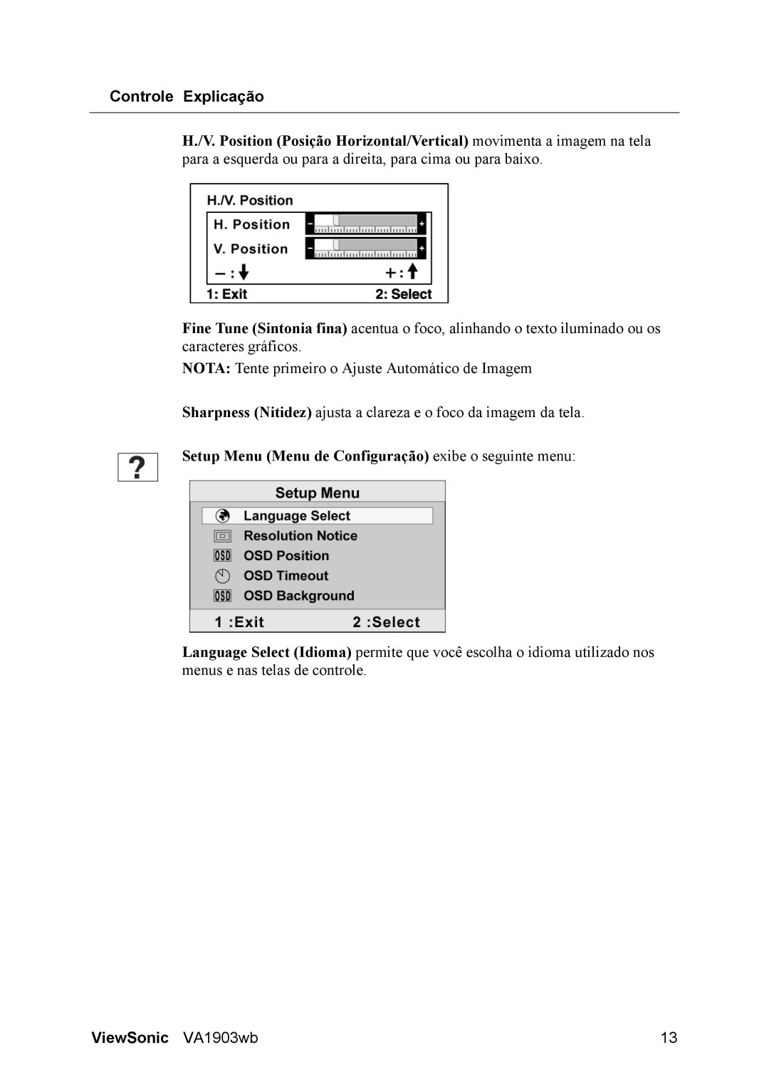 ViewSonic D Display manual Controle Explicação 