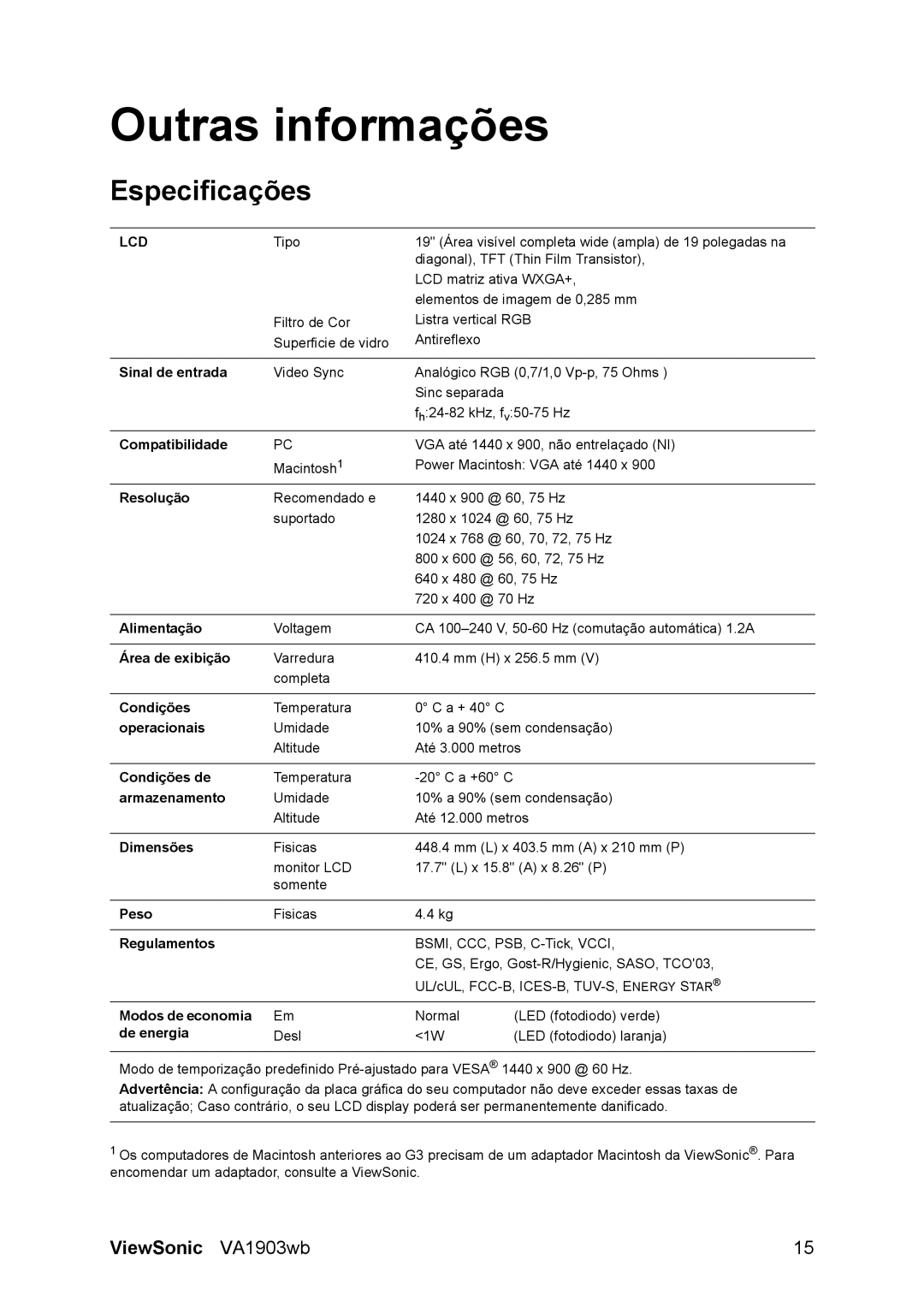 ViewSonic D Display manual Outras informações, Especificações 