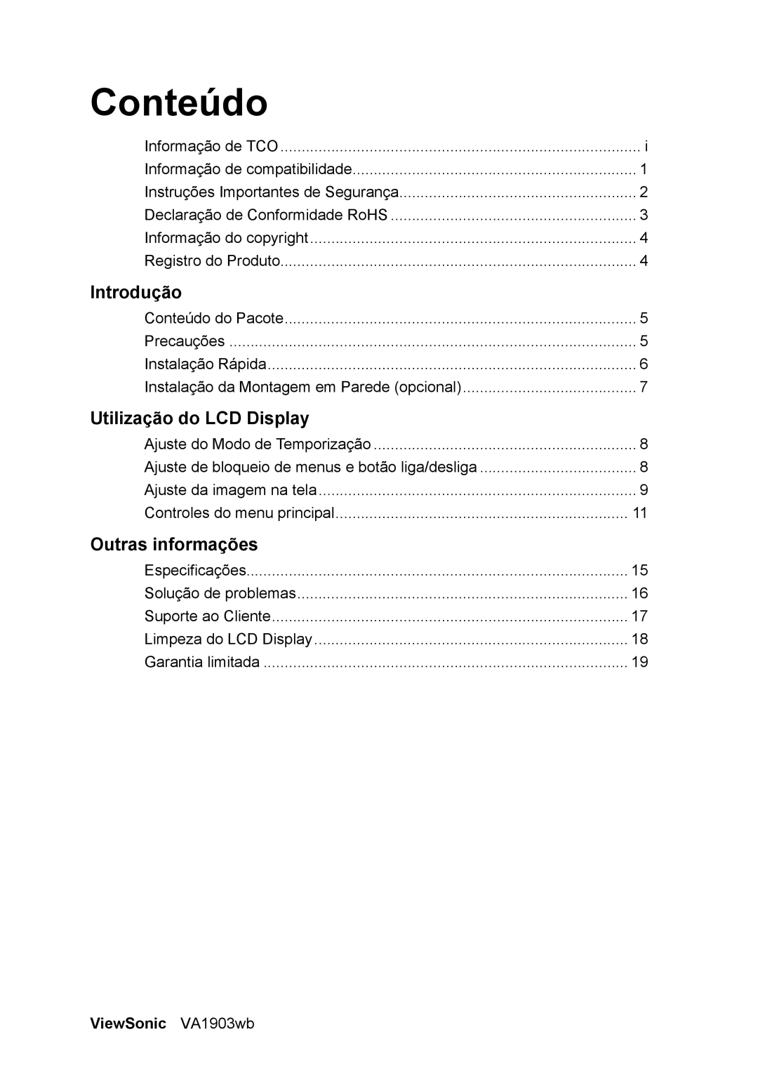 ViewSonic D Display manual Conteúdo, ViewSonic VA1903wb 