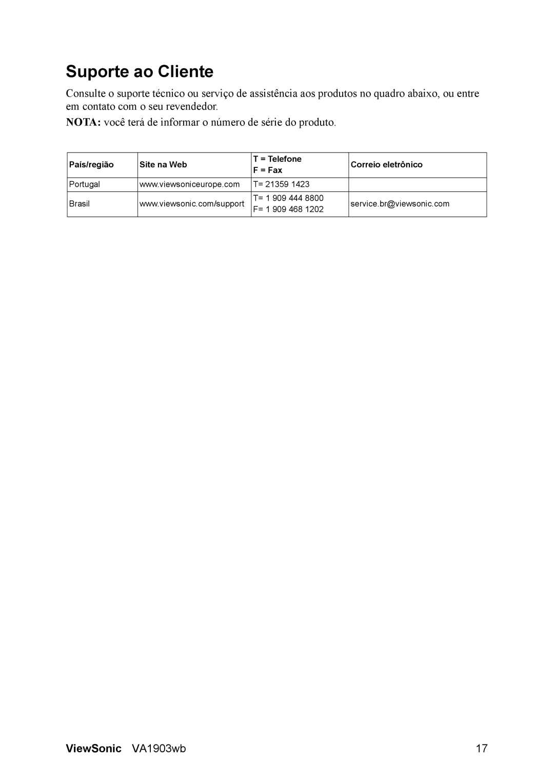 ViewSonic D Display manual Suporte ao Cliente 