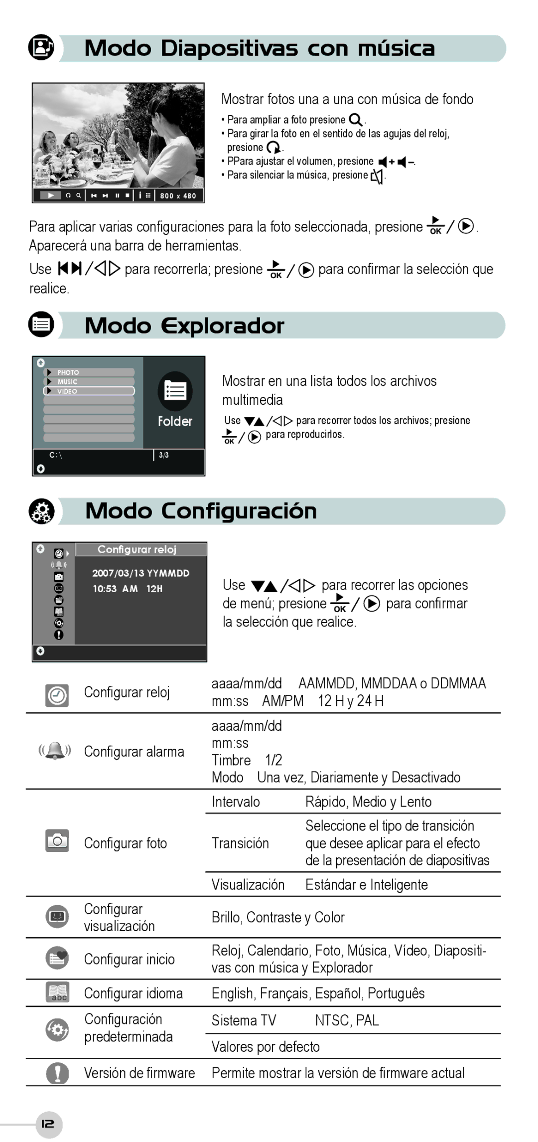 ViewSonic DF87G manual Modo Diapositivas con música, Modo Explorador, Modo Configuración 