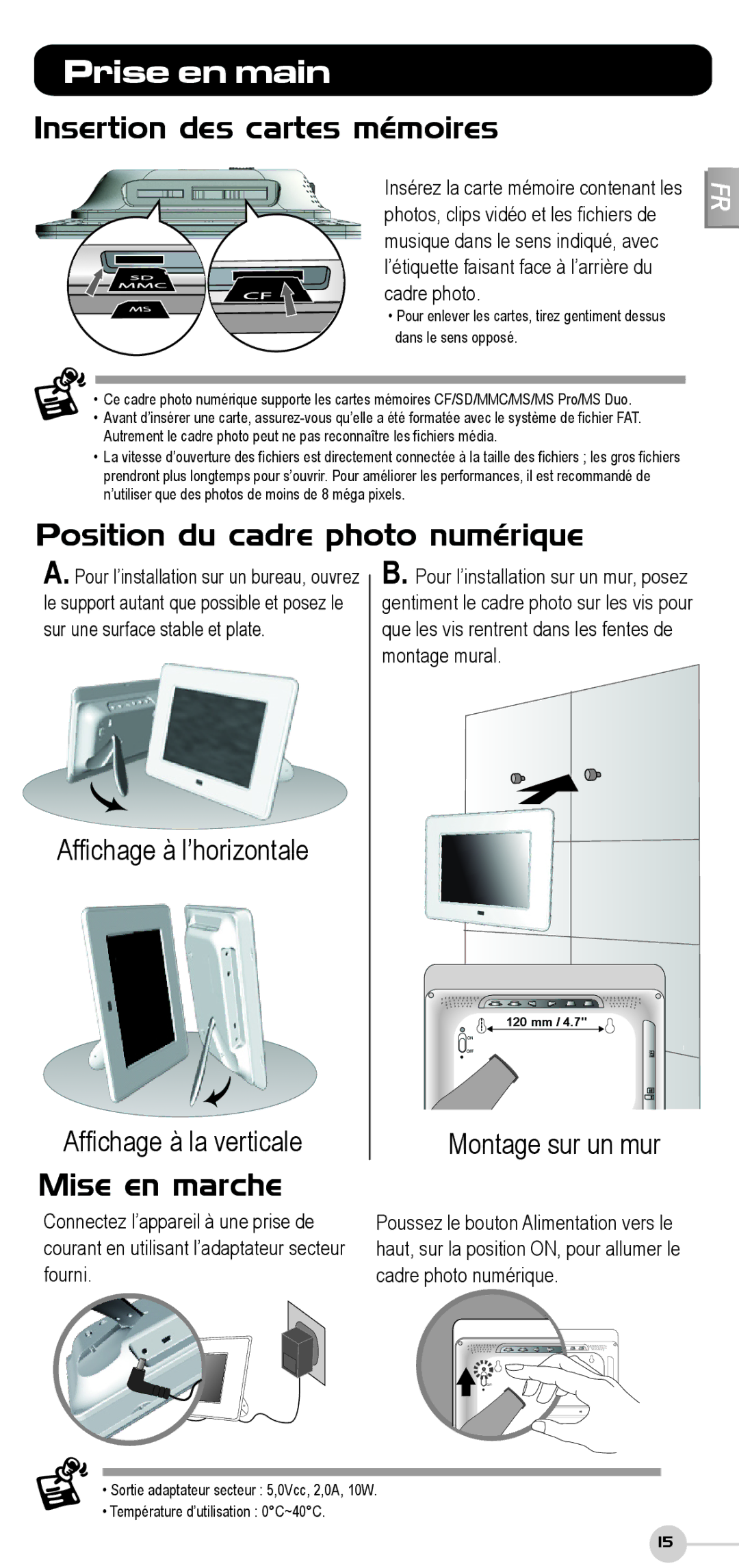 ViewSonic DF87G manual Prise en main, Insertion des cartes mémoires, Position du cadre photo numérique, Mise en marche 