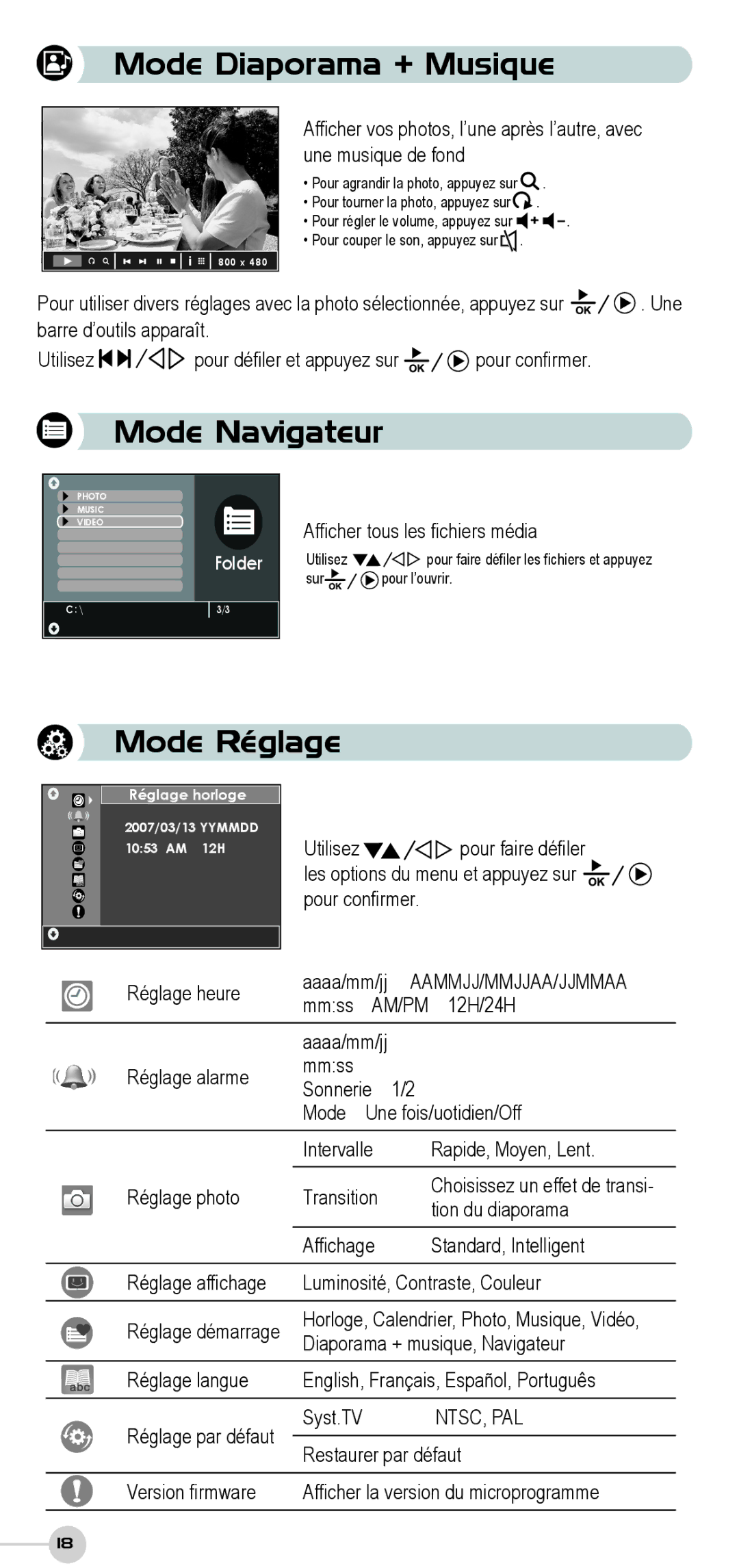 ViewSonic DF87G manual Mode Diaporama + Musique, Mode Navigateur, Mode Réglage 