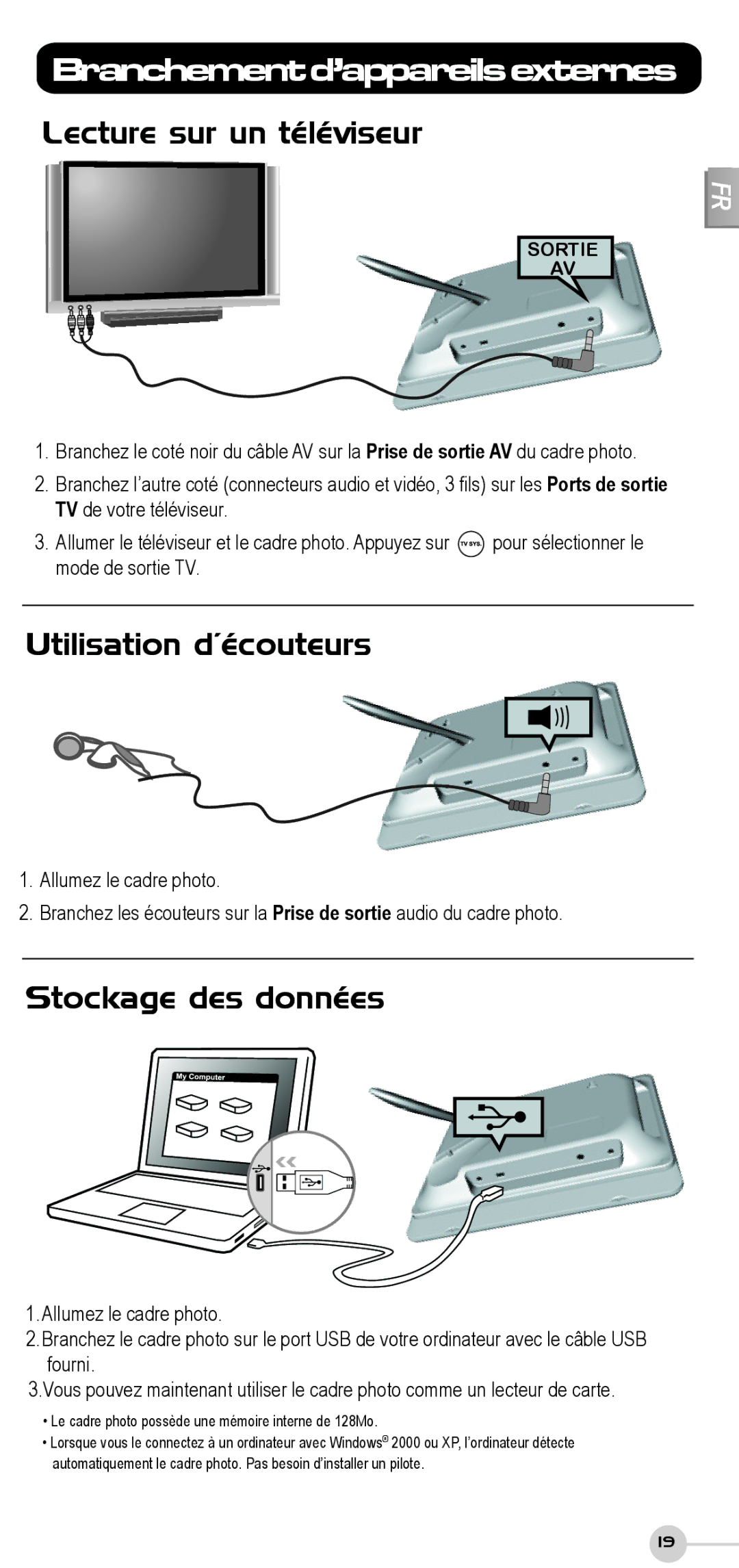 ViewSonic DF87G Branchementd’appareilsexternes, Lecture sur un téléviseur, Utilisation d’écouteurs, Stockage des données 