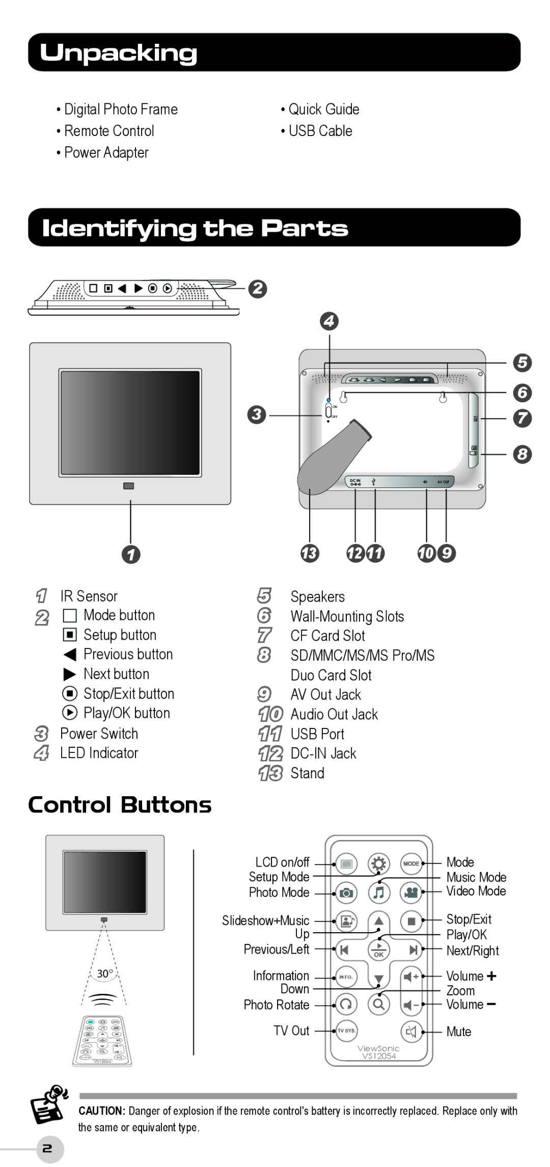 ViewSonic DF87G manual Unpacking, Identifying the Parts, Control Buttons 