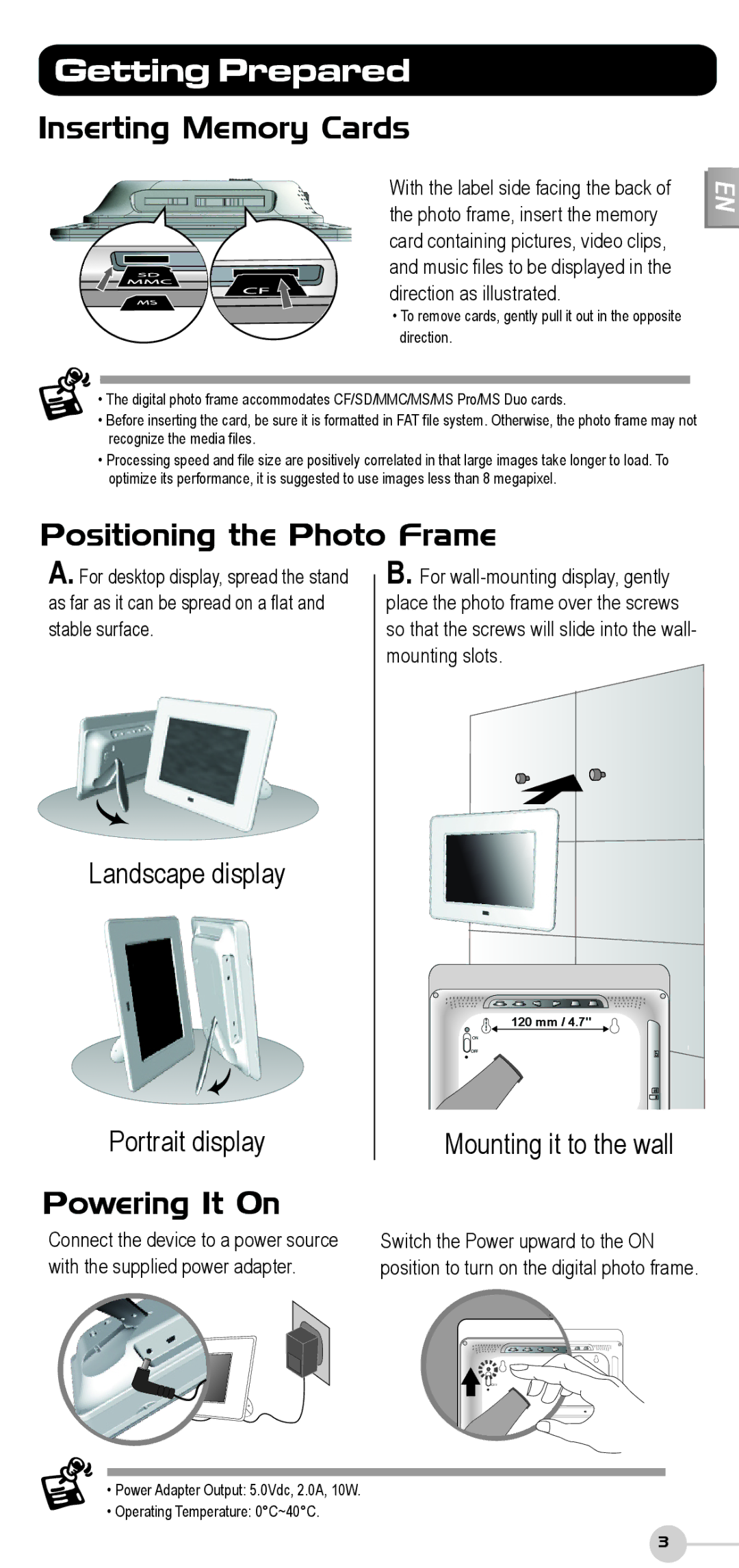 ViewSonic DF87G manual Getting Prepared, Inserting Memory Cards, Positioning the Photo Frame, Powering It On 