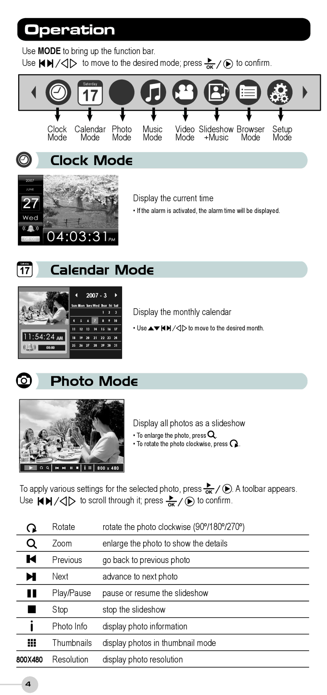 ViewSonic DF87G manual Operation, Clock Mode, Photo Mode 