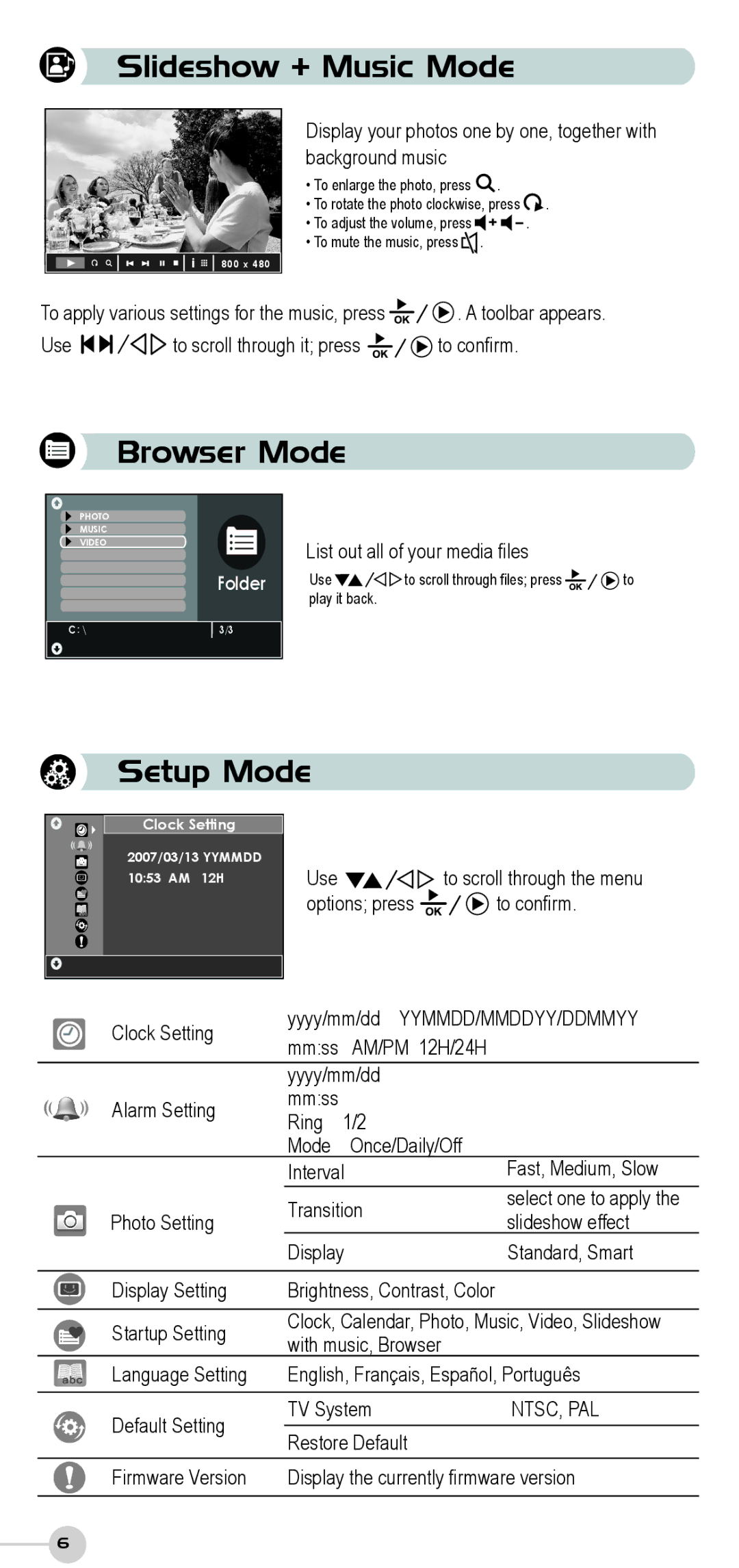 ViewSonic DF87G manual Slideshow + Music Mode, Browser Mode, Setup Mode 